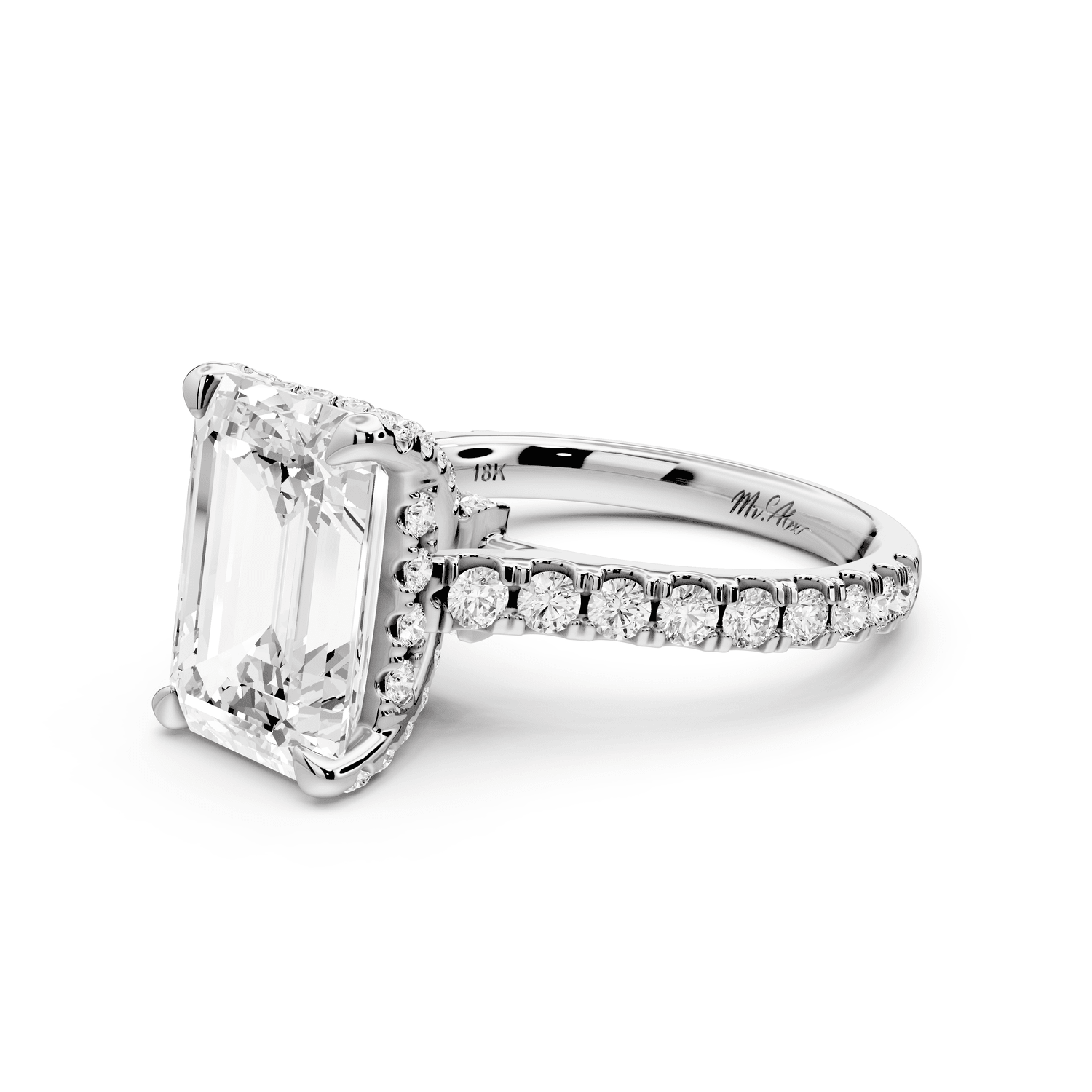 Odette - 4ct platinum emerald Diamond Engagement Ring with Pavé Band & Hidden Halo - Mr. Alex Jewelry