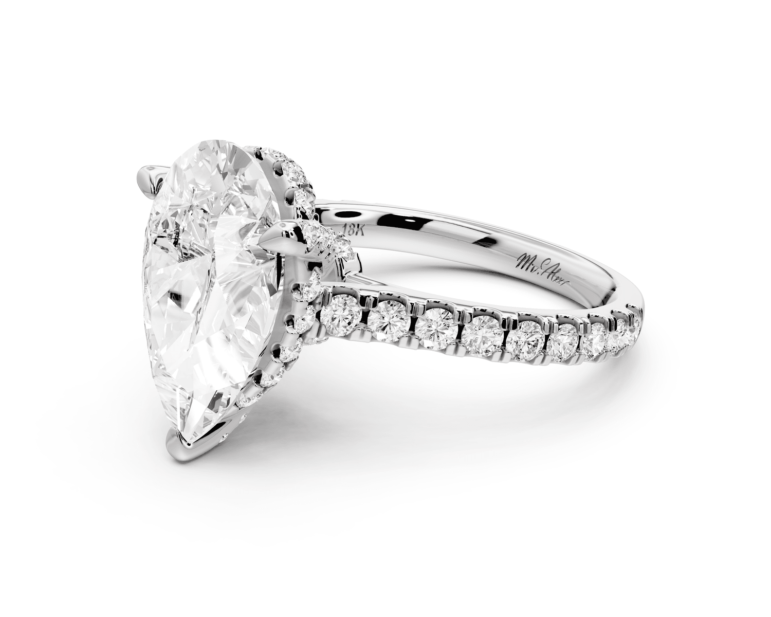 Odette - 4ct platinum pear Diamond Engagement Ring with Pavé Band & Hidden Halo - Mr. Alex Jewelry