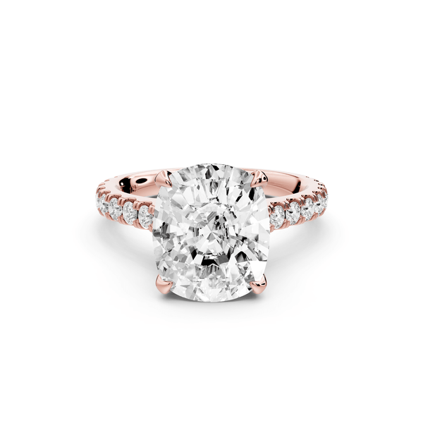 Odette - 5ct 14k rose gold ecushion Diamond Engagement Ring with Pavé Band & Hidden Halo - Mr. Alex Jewelry