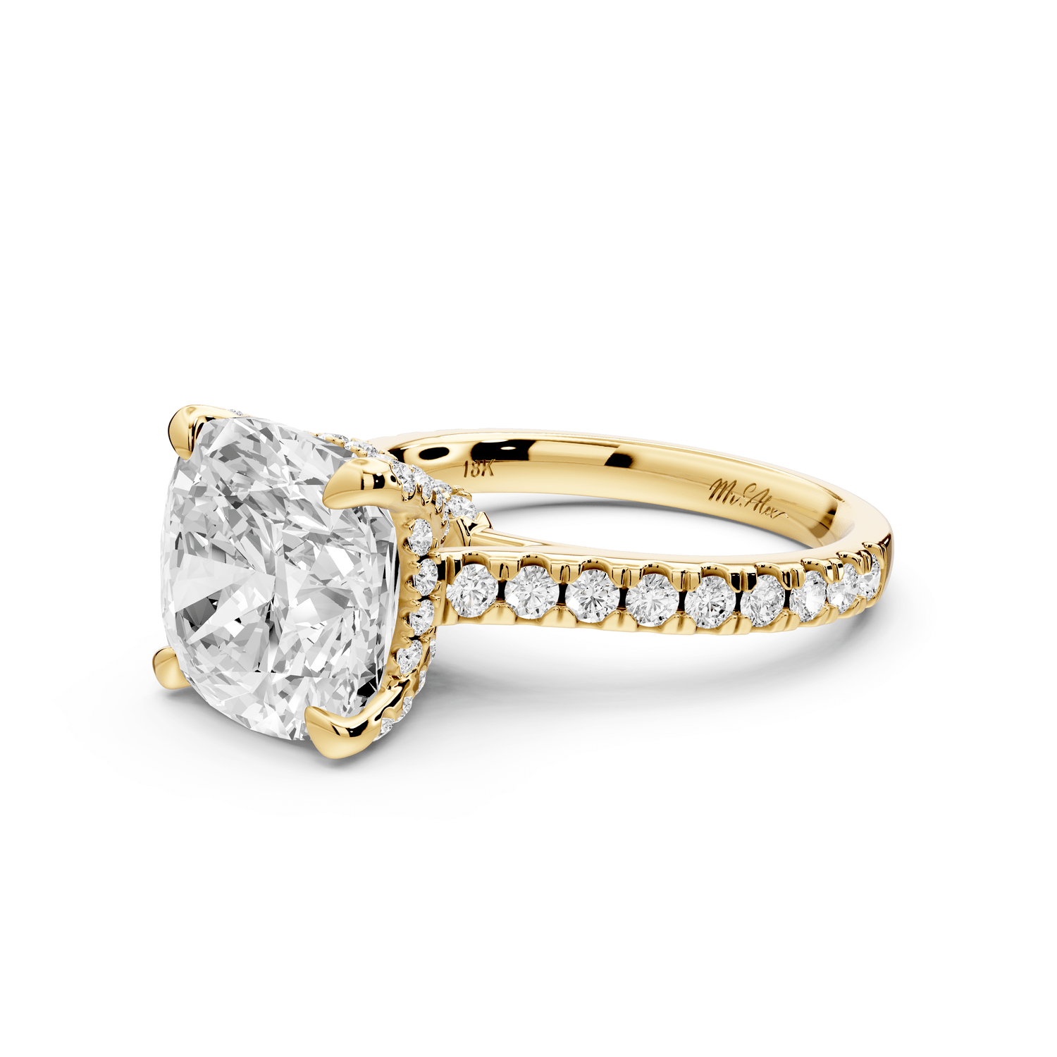 Odette - 5ct 14k yellow gold cushion Diamond Engagement Ring with Pavé Band & Hidden Halo - Mr. Alex Jewelry