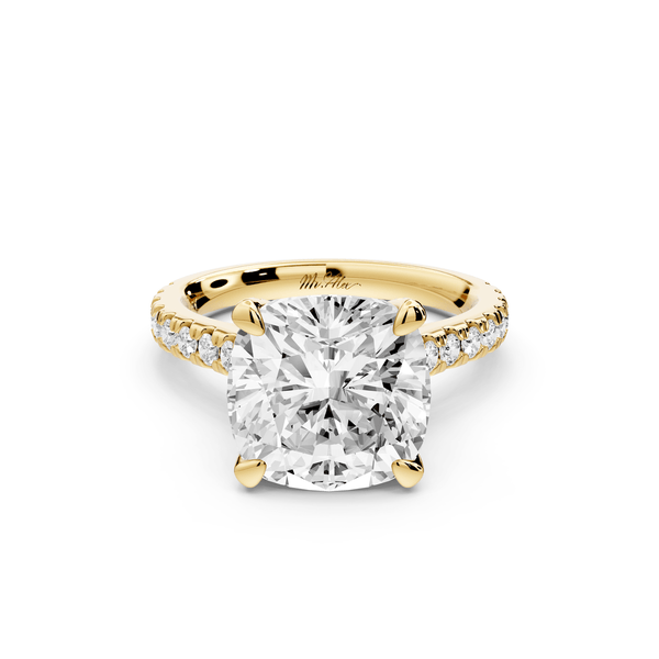 Odette - 5ct 14k yellow gold cushion Diamond Engagement Ring with Pavé Band & Hidden Halo - Mr. Alex Jewelry
