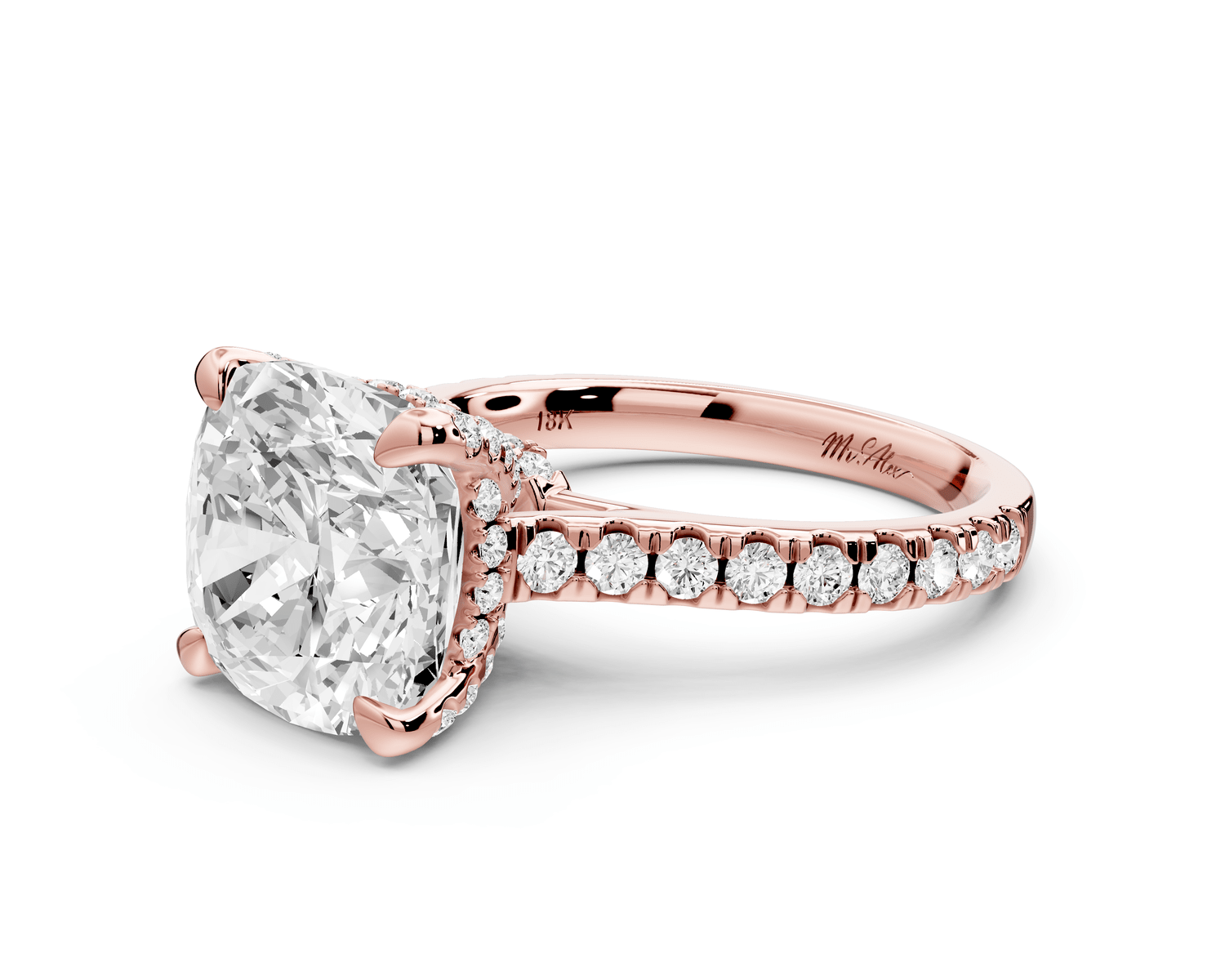 Odette - 5ct 18k rose gold cushion Diamond Engagement Ring with Pavé Band & Hidden Halo - Mr. Alex Jewelry