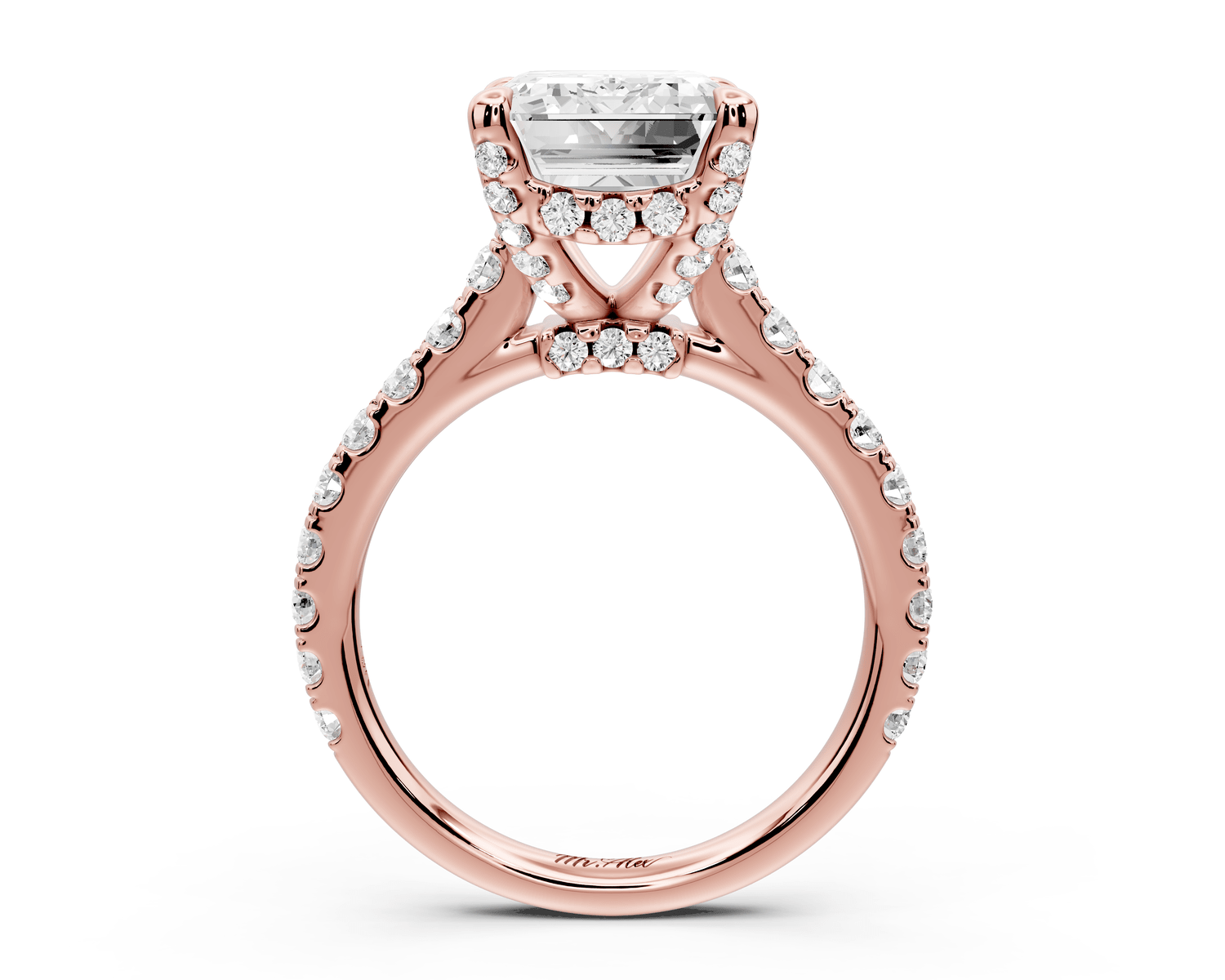 Odette - 5ct 18k rose gold emerald Diamond Engagement Ring with Pavé Band & Hidden Halo - Mr. Alex Jewelry