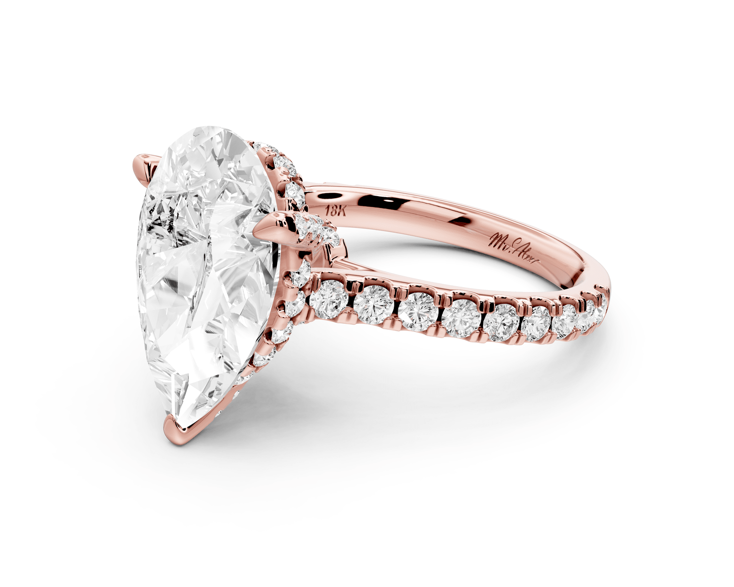 Odette - 5ct 18k rose gold pear Diamond Engagement Ring with Pavé Band & Hidden Halo - Mr. Alex Jewelry