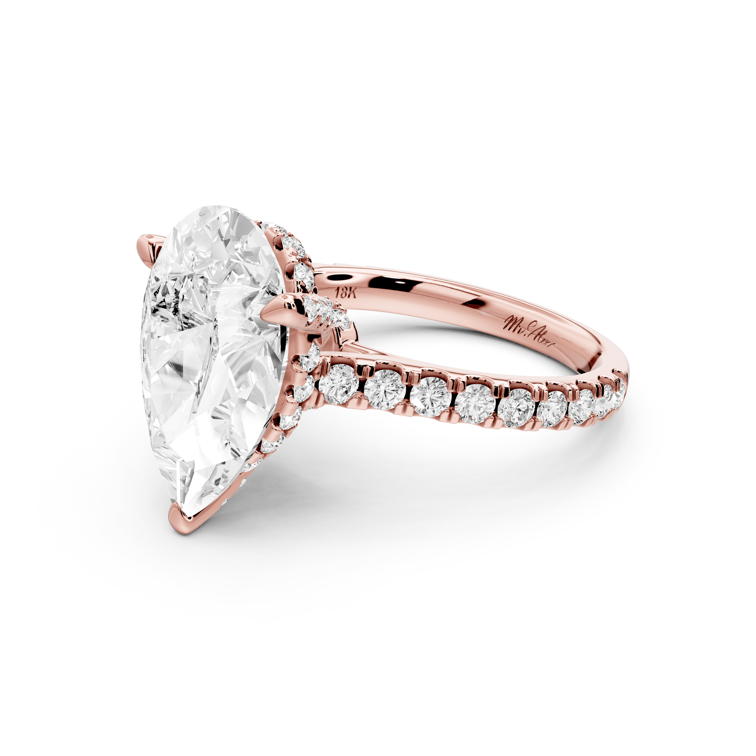 Odette - 5ct 18k rose gold pear Diamond Engagement Ring with Pavé Band & Hidden Halo - Mr. Alex Jewelry