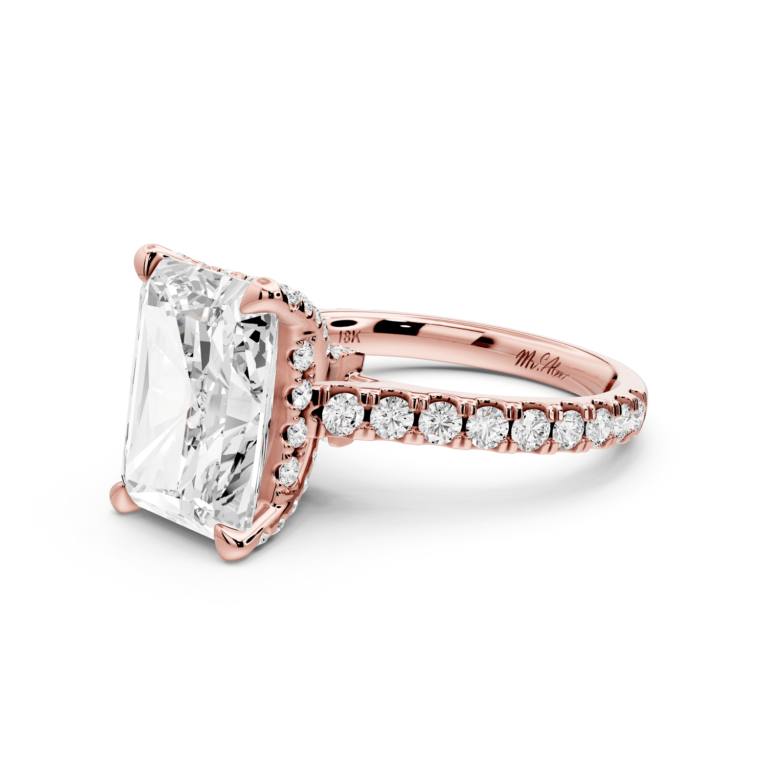 Odette - 5ct 18k rose gold radiant Diamond Engagement Ring with Pavé Band & Hidden Halo - Mr. Alex Jewelry