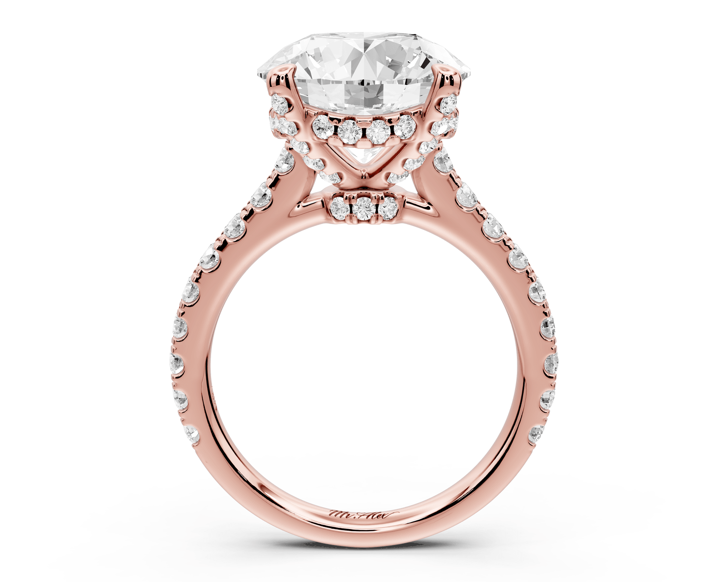 Odette - 5ct 18k rose gold round Diamond Engagement Ring with Pavé Band & Hidden Halo - Mr. Alex Jewelry
