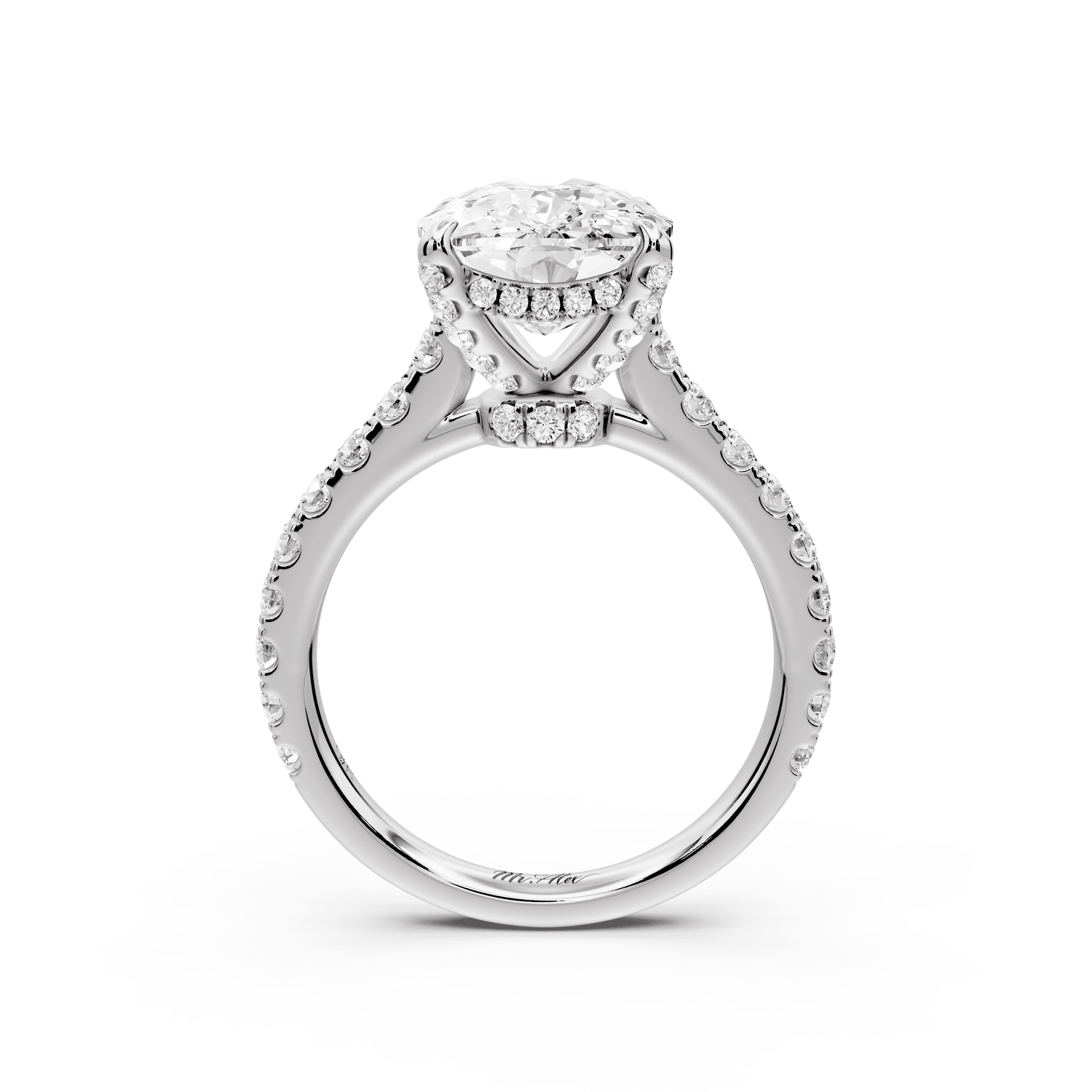 Odette - 5ct 18k white gold ecushion Diamond Engagement Ring with Pavé Band & Hidden Halo - Mr. Alex Jewelry