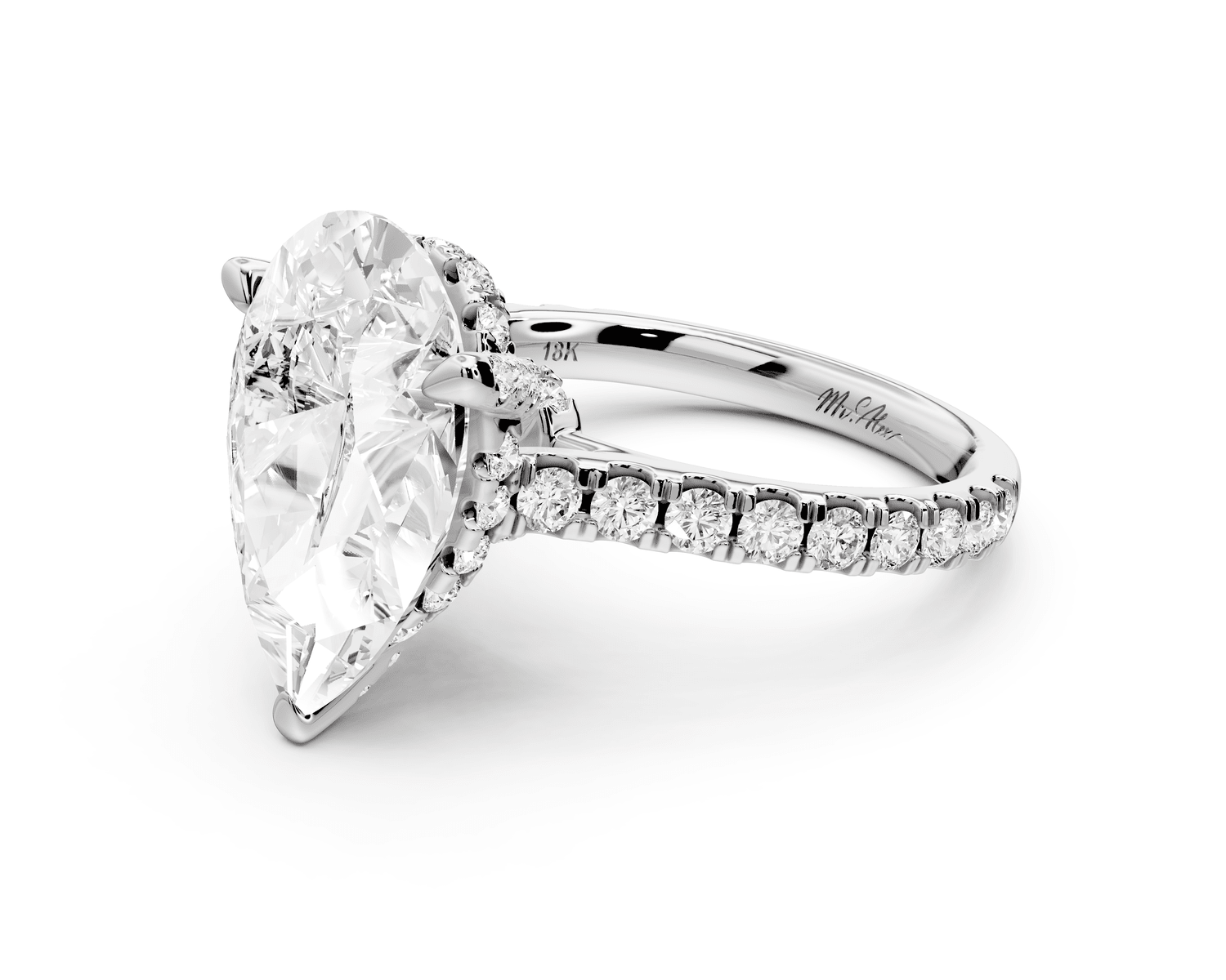 Odette - 5ct 18k white gold pear Diamond Engagement Ring with Pavé Band & Hidden Halo - Mr. Alex Jewelry
