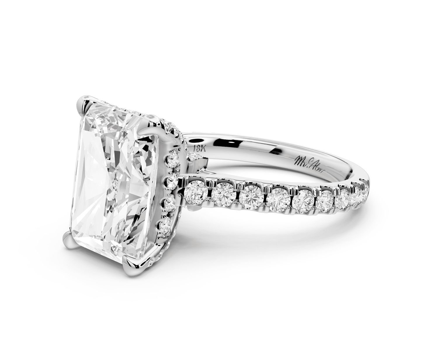 Odette - 5ct 18k white gold radiant Diamond Engagement Ring with Pavé Band & Hidden Halo - Mr. Alex Jewelry