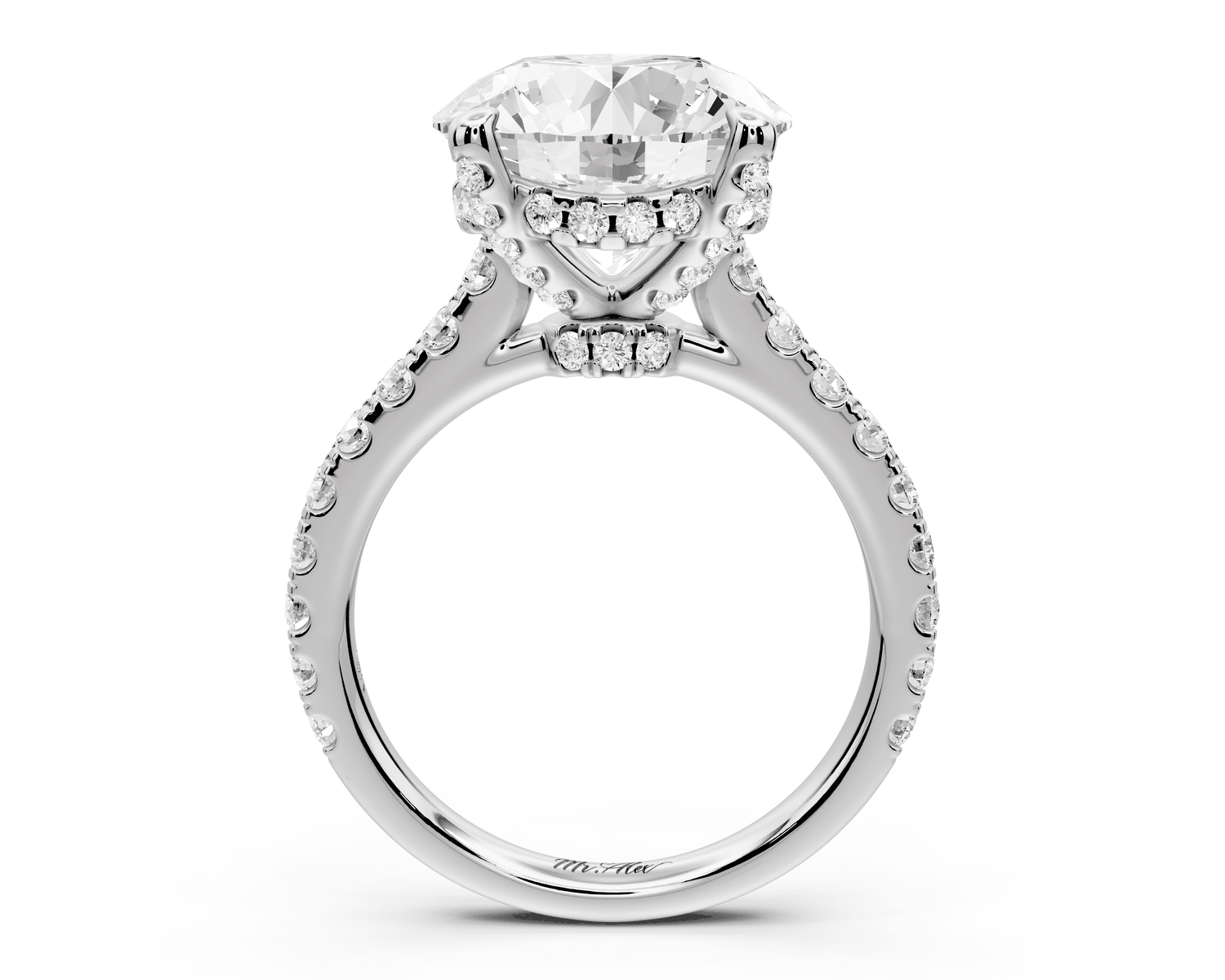 Odette - 5ct 18k white gold round Diamond Engagement Ring with Pavé Band & Hidden Halo - Mr. Alex Jewelry