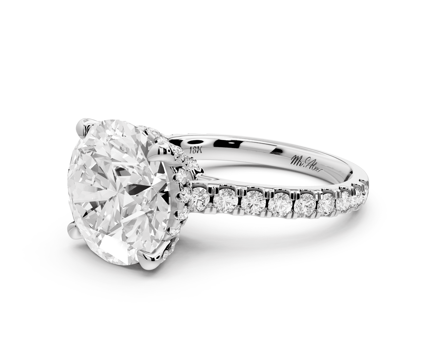 Odette - 5ct 18k white gold round Diamond Engagement Ring with Pavé Band & Hidden Halo - Mr. Alex Jewelry