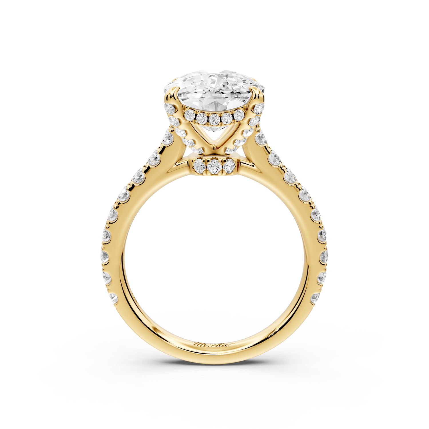 Odette - 5ct 18k yellow gold ecushion Diamond Engagement Ring with Pavé Band & Hidden Halo - Mr. Alex Jewelry