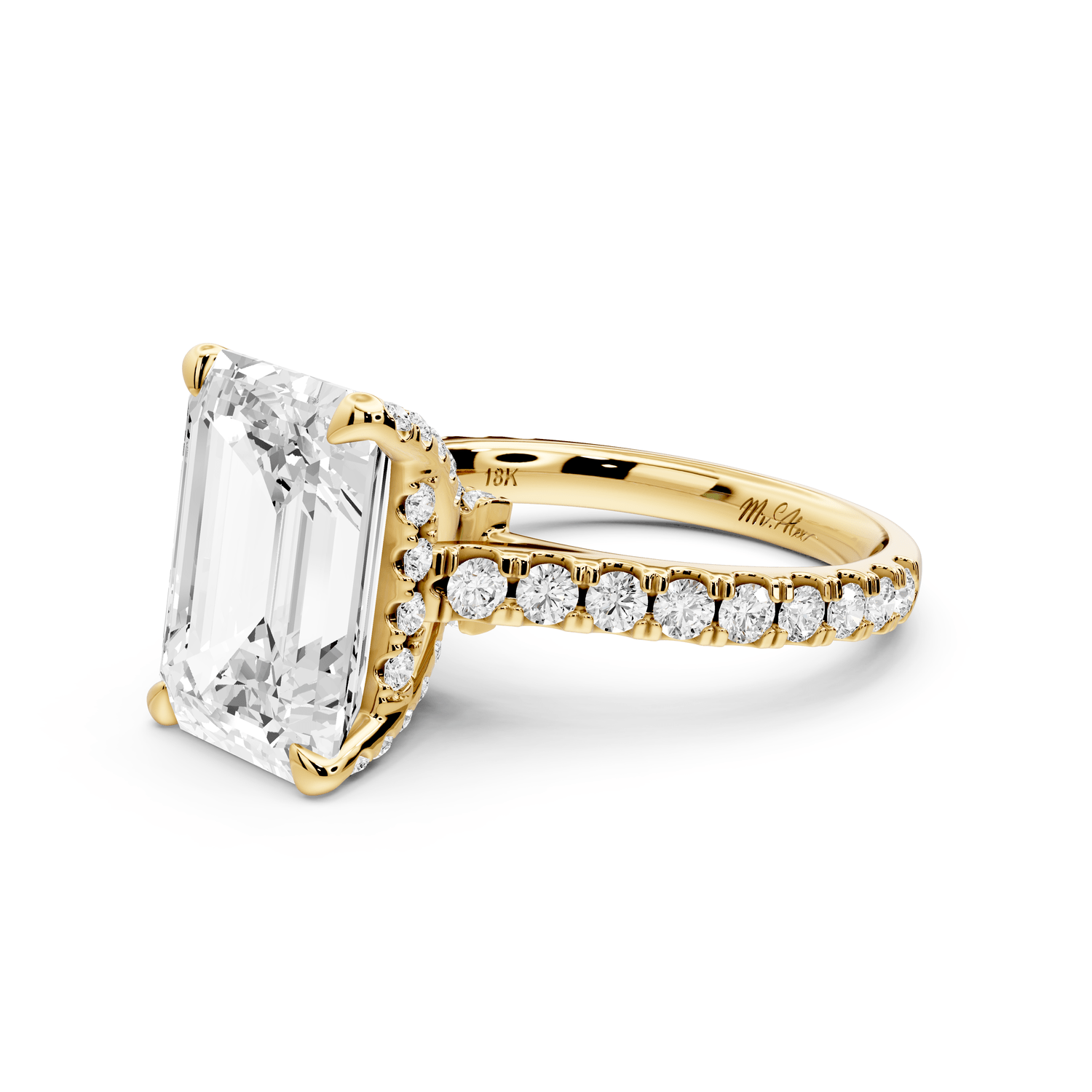 Odette - 5ct 18k yellow gold emerald Diamond Engagement Ring with Pavé Band & Hidden Halo - Mr. Alex Jewelry