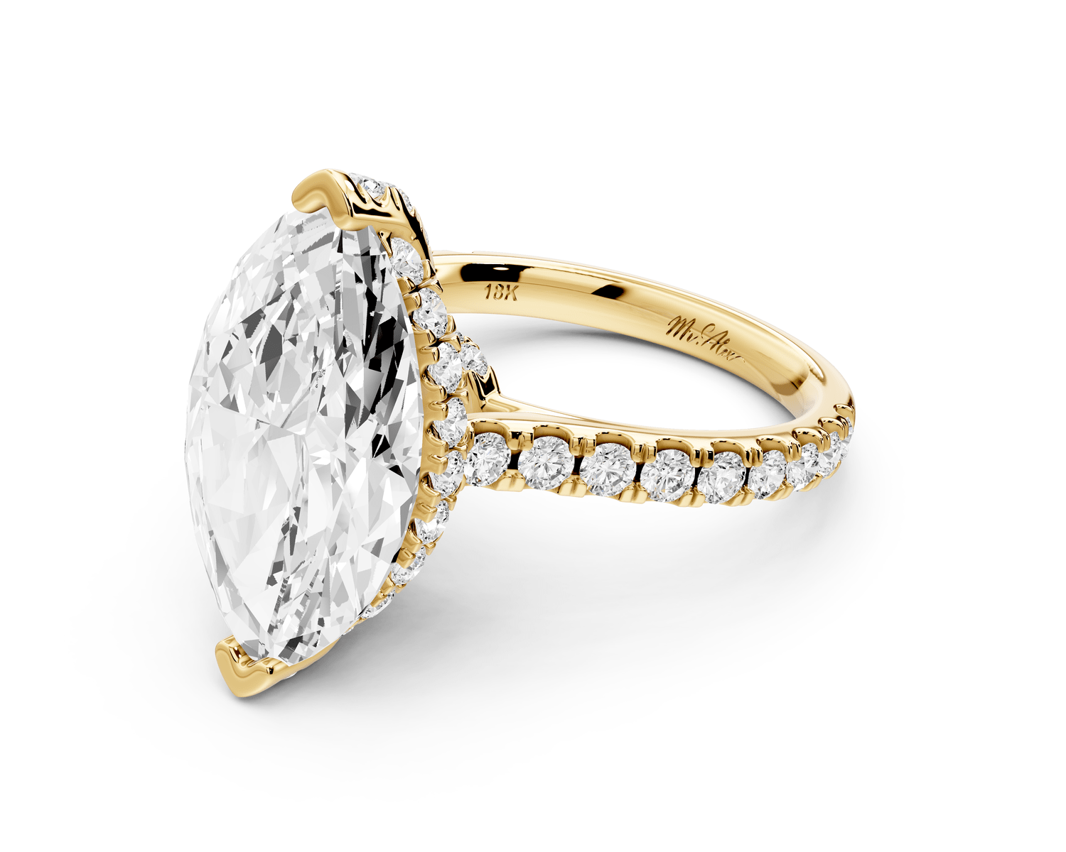 Odette - 5ct 18k yellow gold marquise Diamond Engagement Ring with Pavé Band & Hidden Halo - Mr. Alex Jewelry