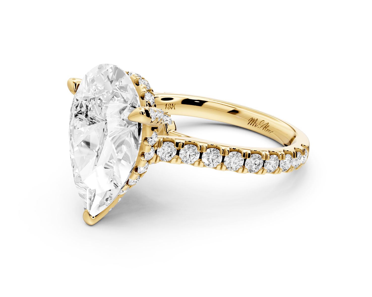 Odette - 5ct 18k yellow gold pear Diamond Engagement Ring with Pavé Band & Hidden Halo - Mr. Alex Jewelry