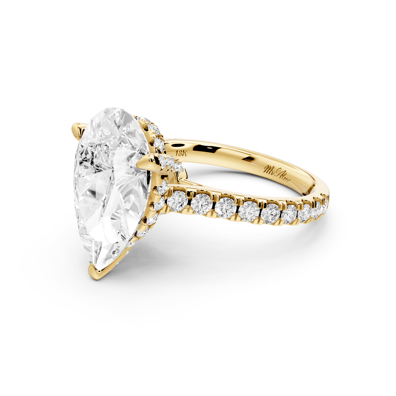 Odette - 5ct 18k yellow gold pear Diamond Engagement Ring with Pavé Band & Hidden Halo - Mr. Alex Jewelry