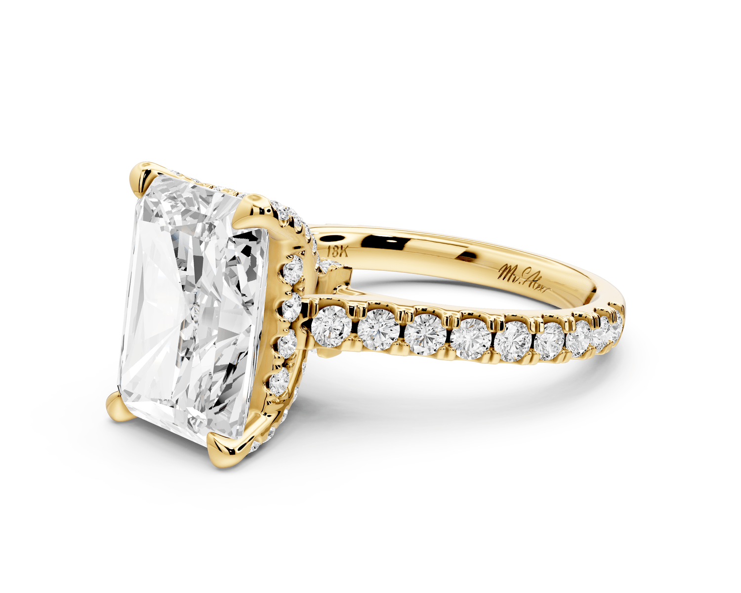 Odette - 5ct 18k yellow gold radiant Diamond Engagement Ring with Pavé Band & Hidden Halo - Mr. Alex Jewelry