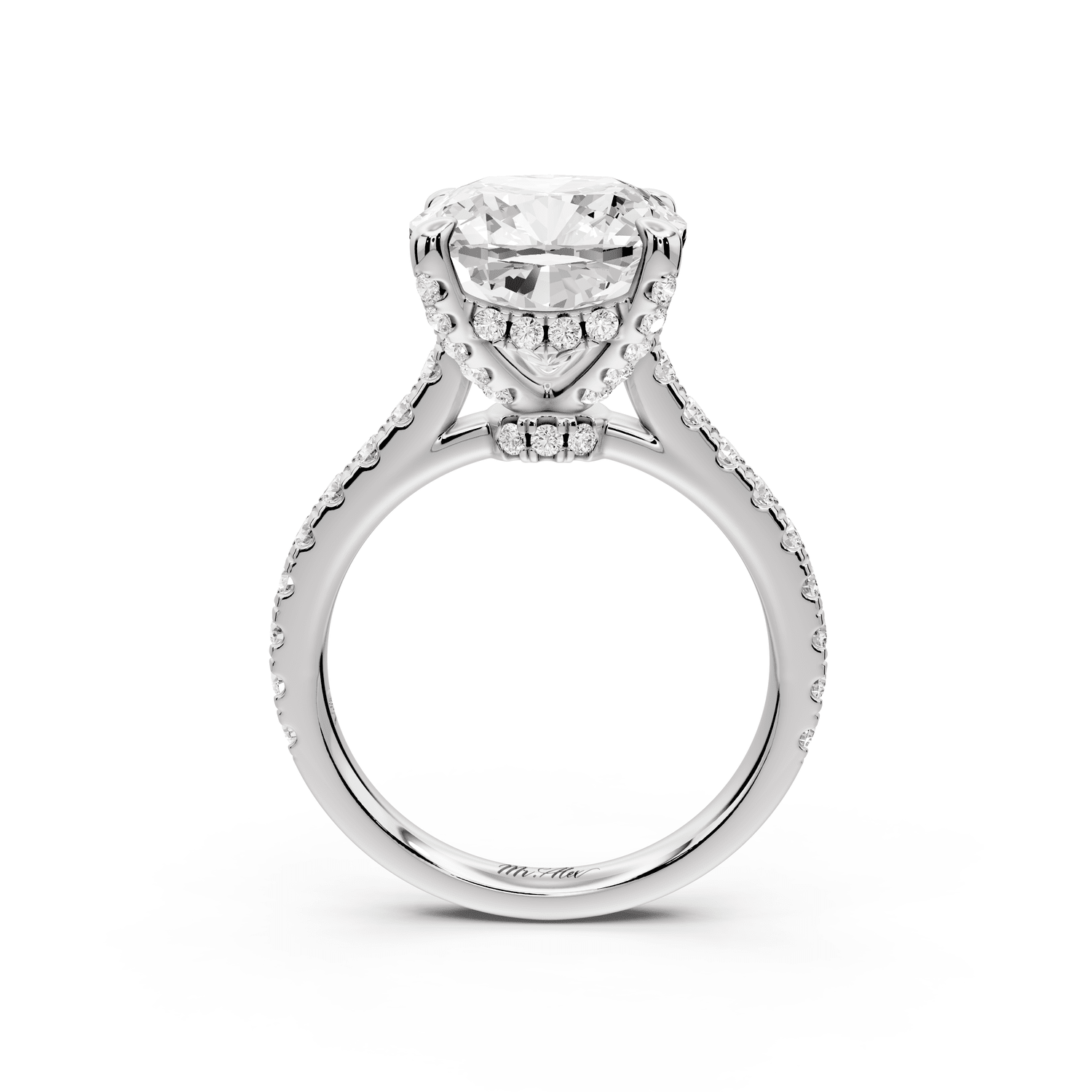 Odette - 5ct platinum cushion Diamond Engagement Ring with Pavé Band & Hidden Halo - Mr. Alex Jewelry
