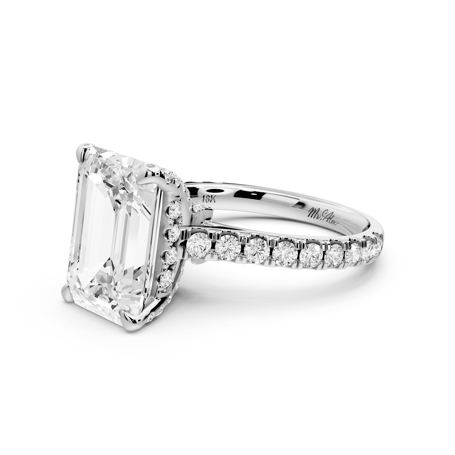 Odette - 5ct platinum emerald Diamond Engagement Ring with Pavé Band & Hidden Halo - Mr. Alex Jewelry