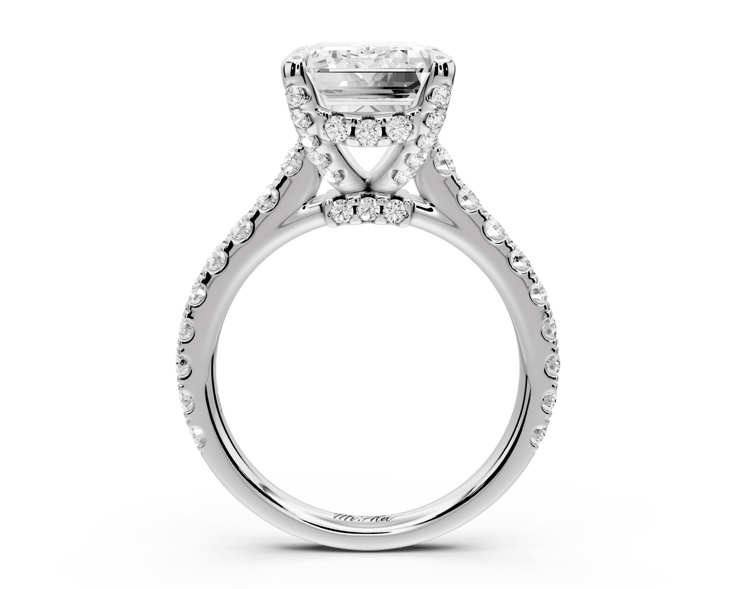 Odette - 5ct platinum emerald Diamond Engagement Ring with Pavé Band & Hidden Halo - Mr. Alex Jewelry