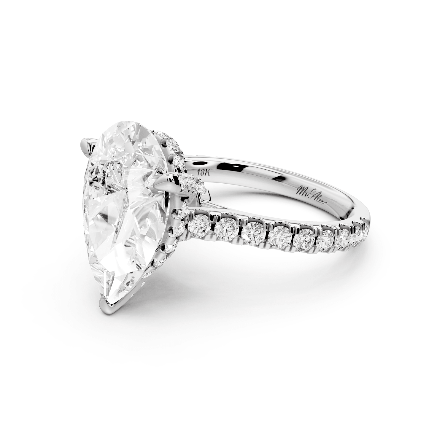 Odette - 5ct platinum pear Diamond Engagement Ring with Pavé Band & Hidden Halo - Mr. Alex Jewelry