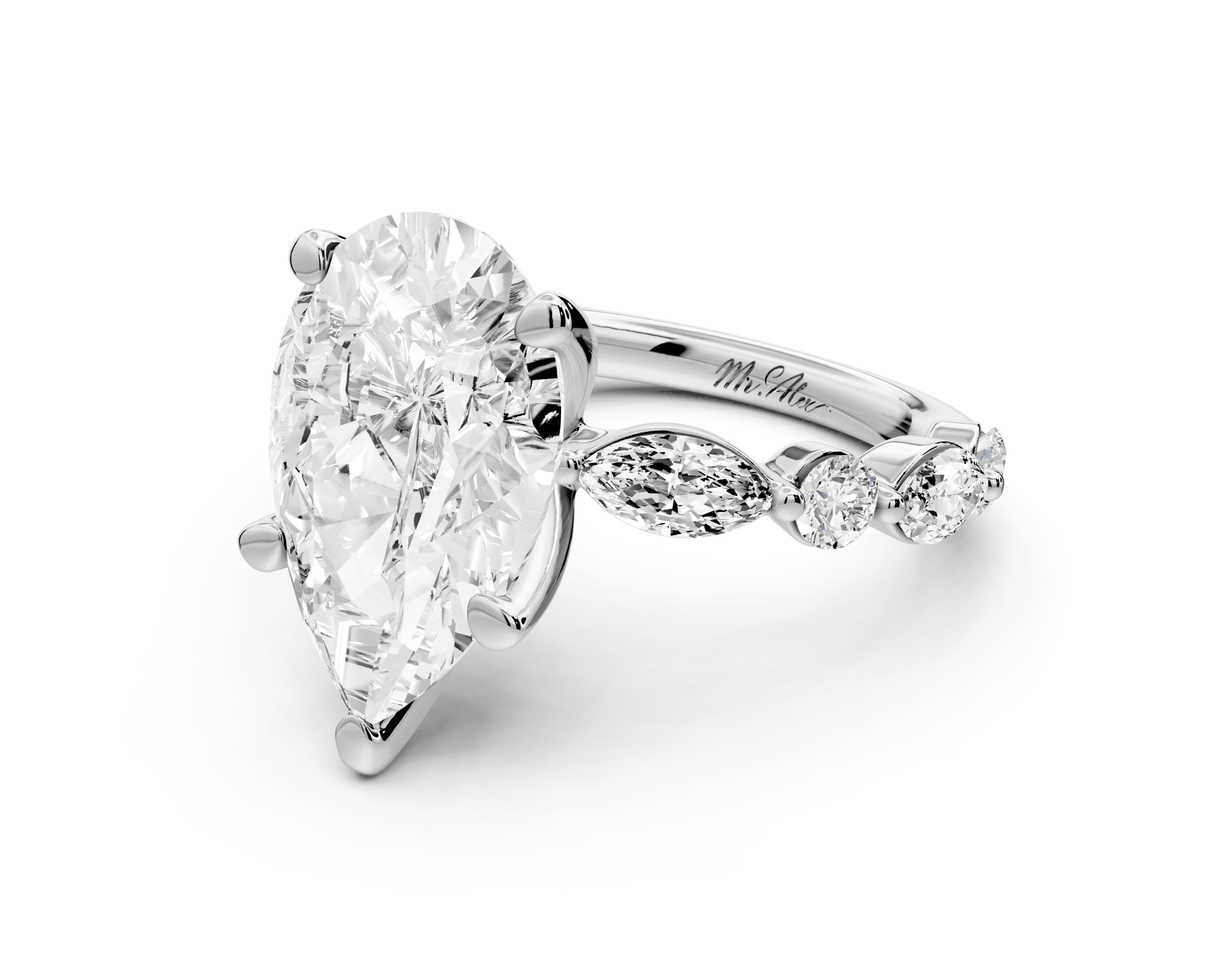 Pear Cut Diamond Engagement Ring with Pave Band ( AJ107P) - Mr. Alex Jewelry