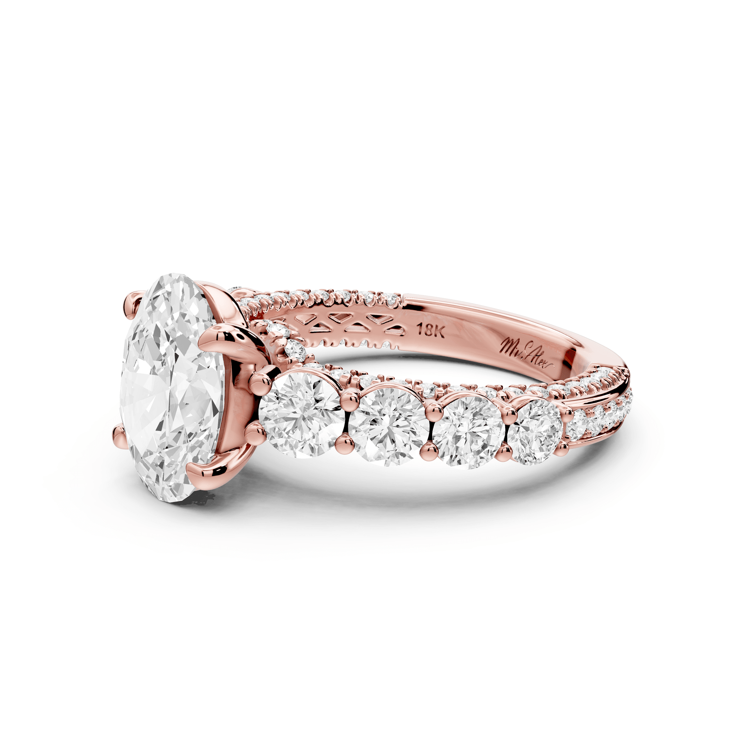 Rocio - 2ct 14k rose gold Oval Hidden Halo Engagement Ring with Graduated Side Stones and Double Pavé Band - Mr. Alex Jewelry