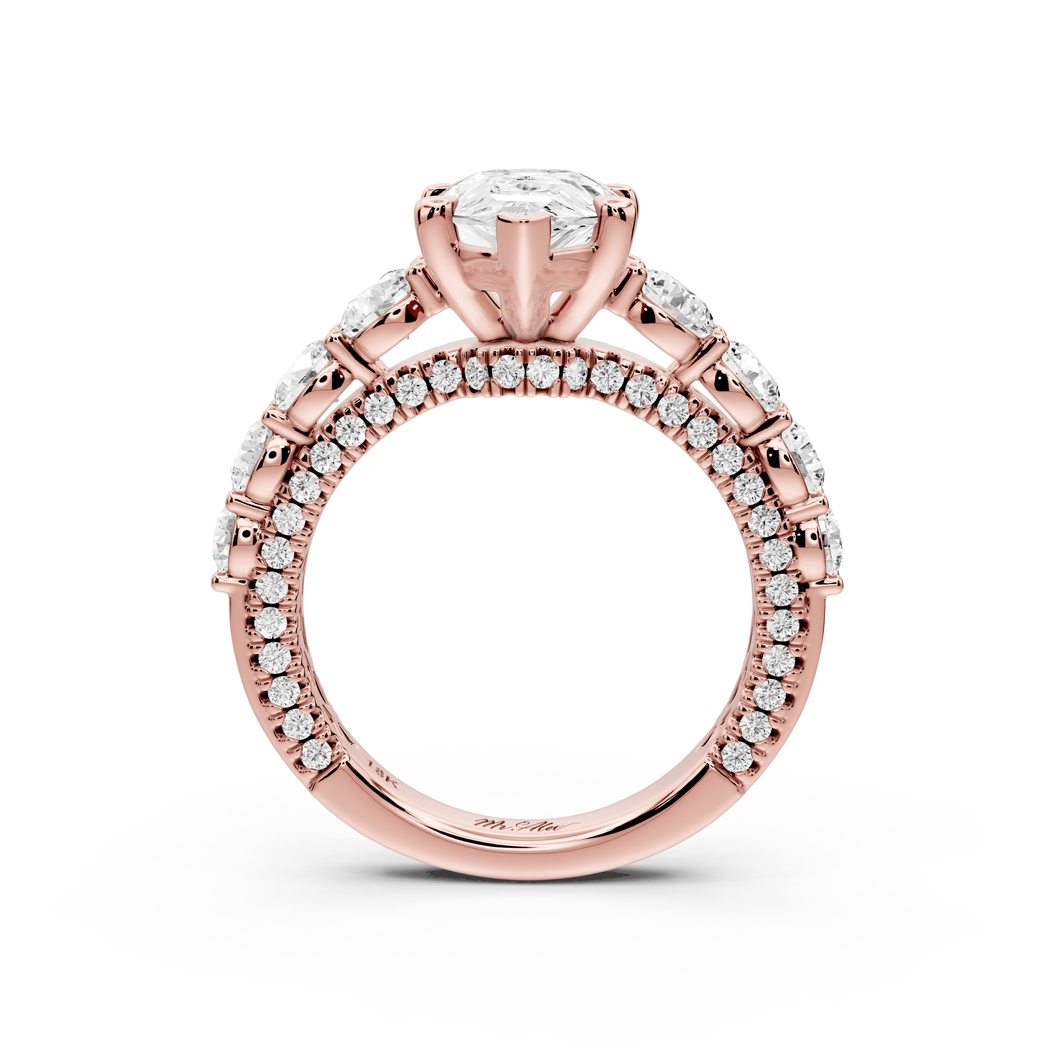 Rocio - 2ct 14k rose gold Pear Hidden Halo Engagement Ring with Graduated Side Stones and Double Pavé Band - Mr. Alex Jewelry