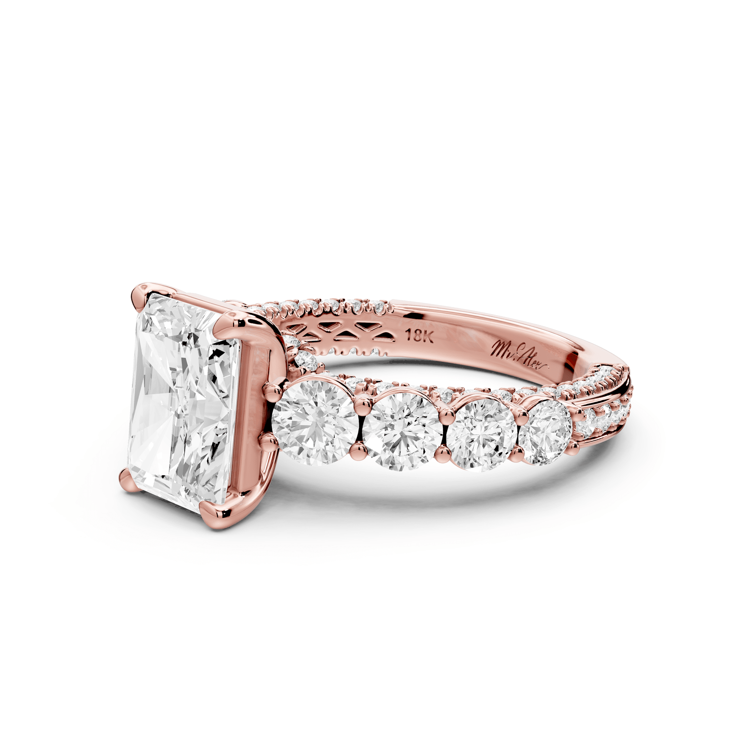 Rocio - 2ct 14k rose gold Radiant Hidden Halo Engagement Ring with Graduated Side Stones and Double Pavé Band - Mr. Alex Jewelry