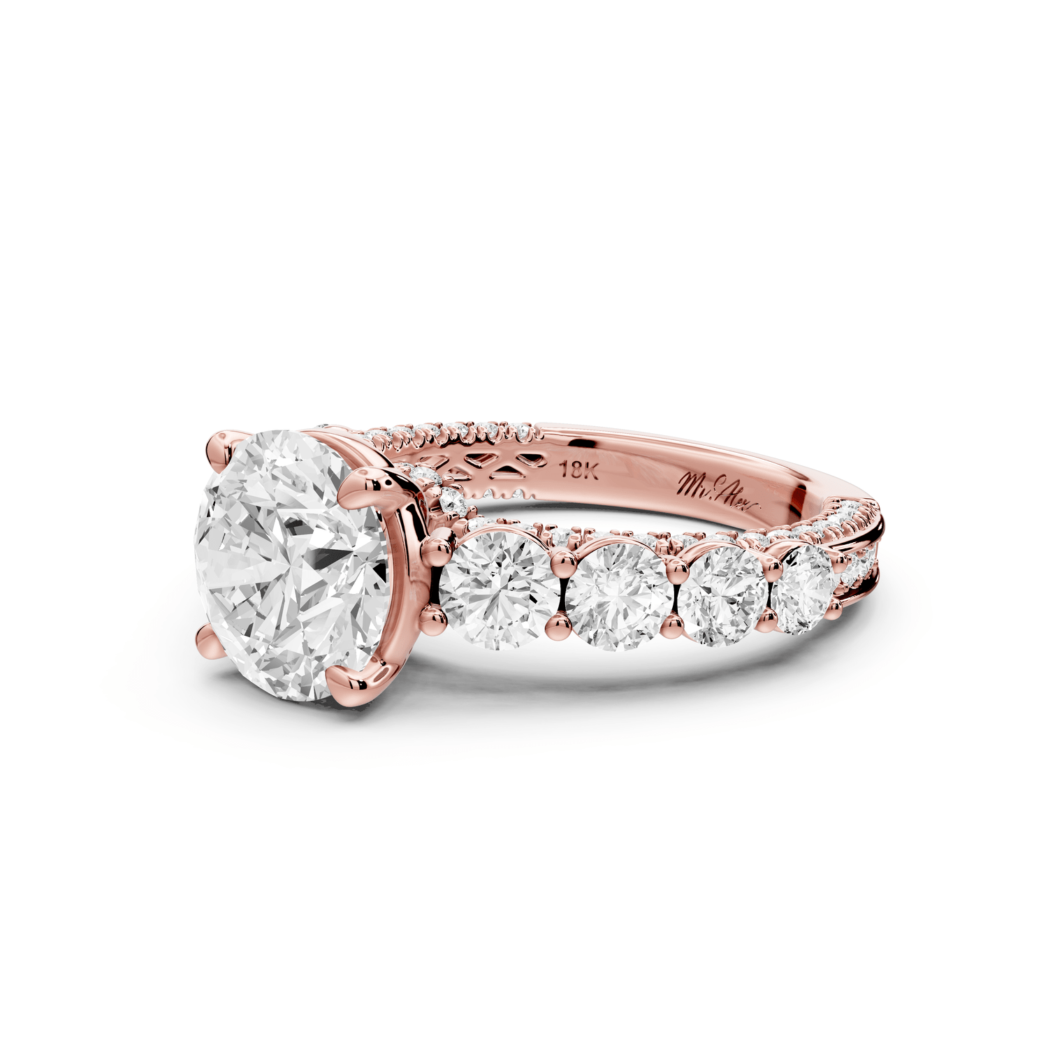 Rocio - 2ct 14k rose gold Round Hidden Halo Engagement Ring with Graduated Side Stones and Double Pavé Band - Mr. Alex Jewelry