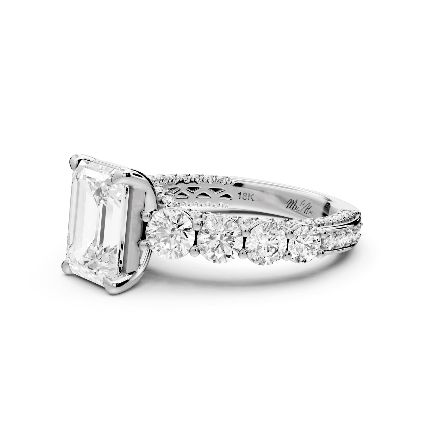 Rocio - 2ct 14k white gold Emerald Hidden Halo Engagement Ring with Graduated Side Stones and Double Pavé Band - Mr. Alex Jewelry