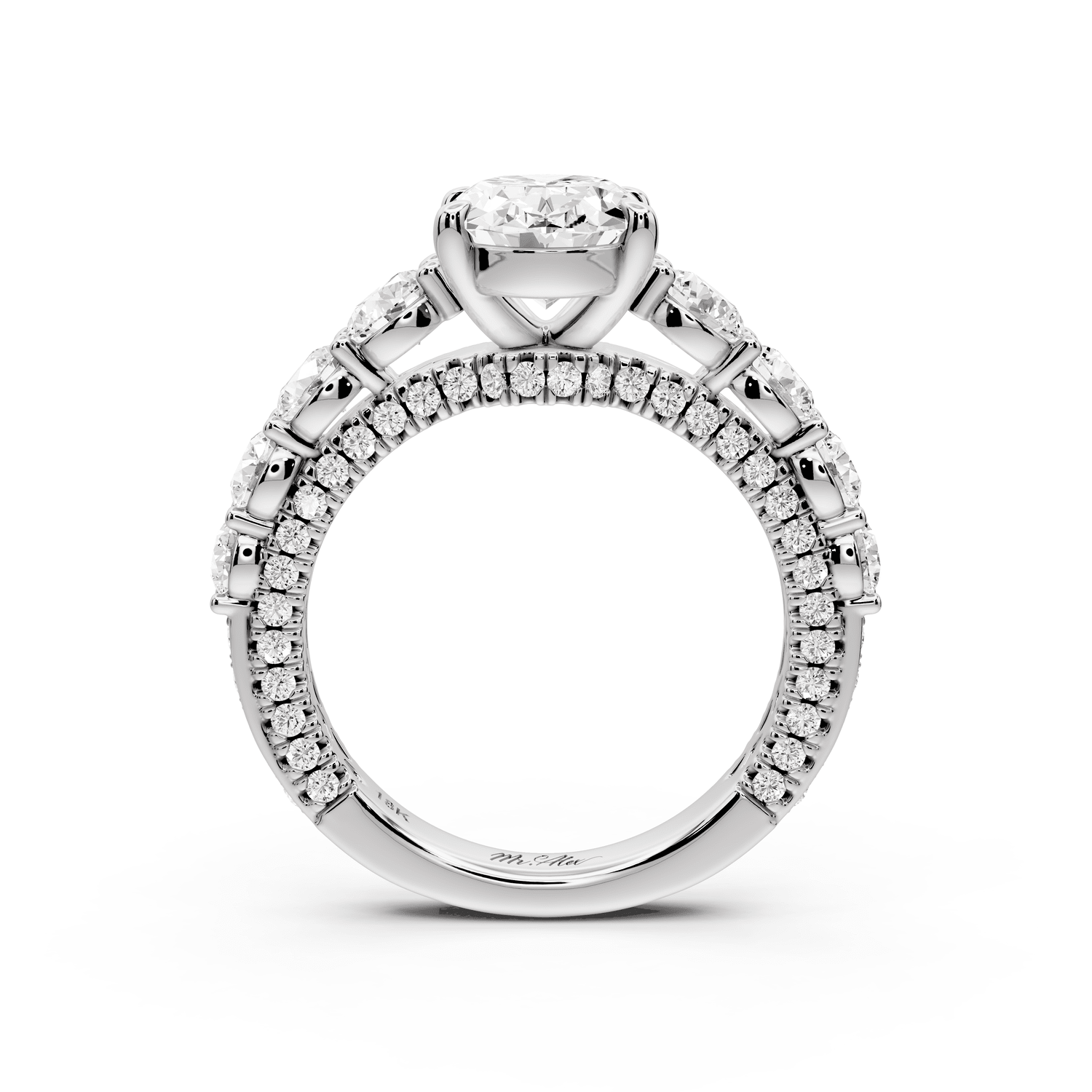 Rocio - 2ct 14k white gold Oval Hidden Halo Engagement Ring with Graduated Side Stones and Double Pavé Band - Mr. Alex Jewelry