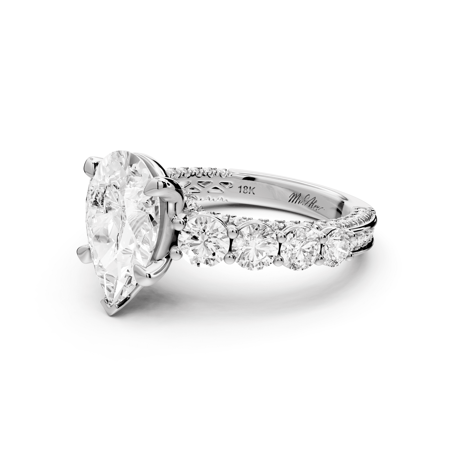 Rocio - 2ct 14k white gold Pear Hidden Halo Engagement Ring with Graduated Side Stones and Double Pavé Band - Mr. Alex Jewelry