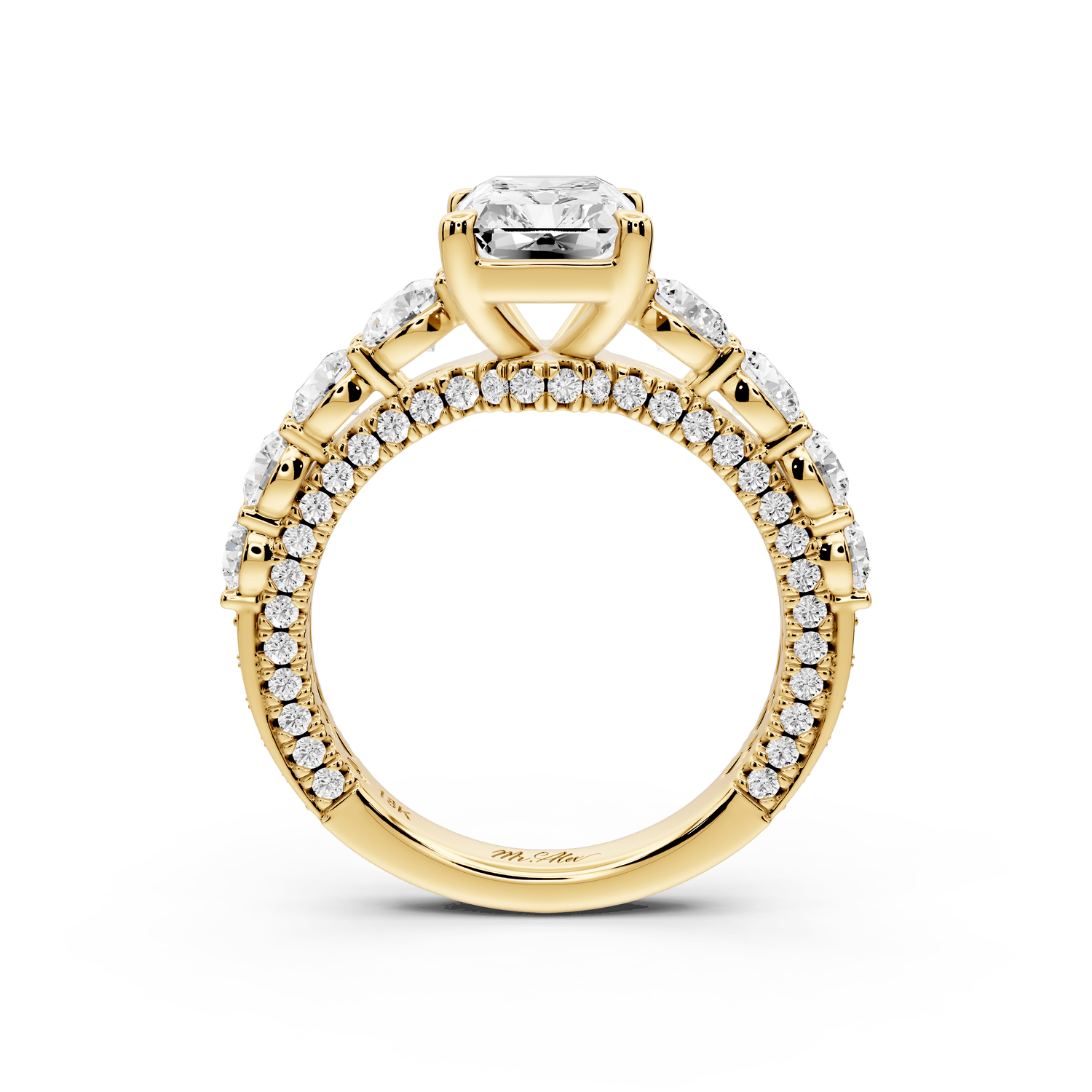 Rocio - 2ct 14k yellow gold Radiant Hidden Halo Engagement Ring with Graduated Side Stones and Double Pavé Band - Mr. Alex Jewelry