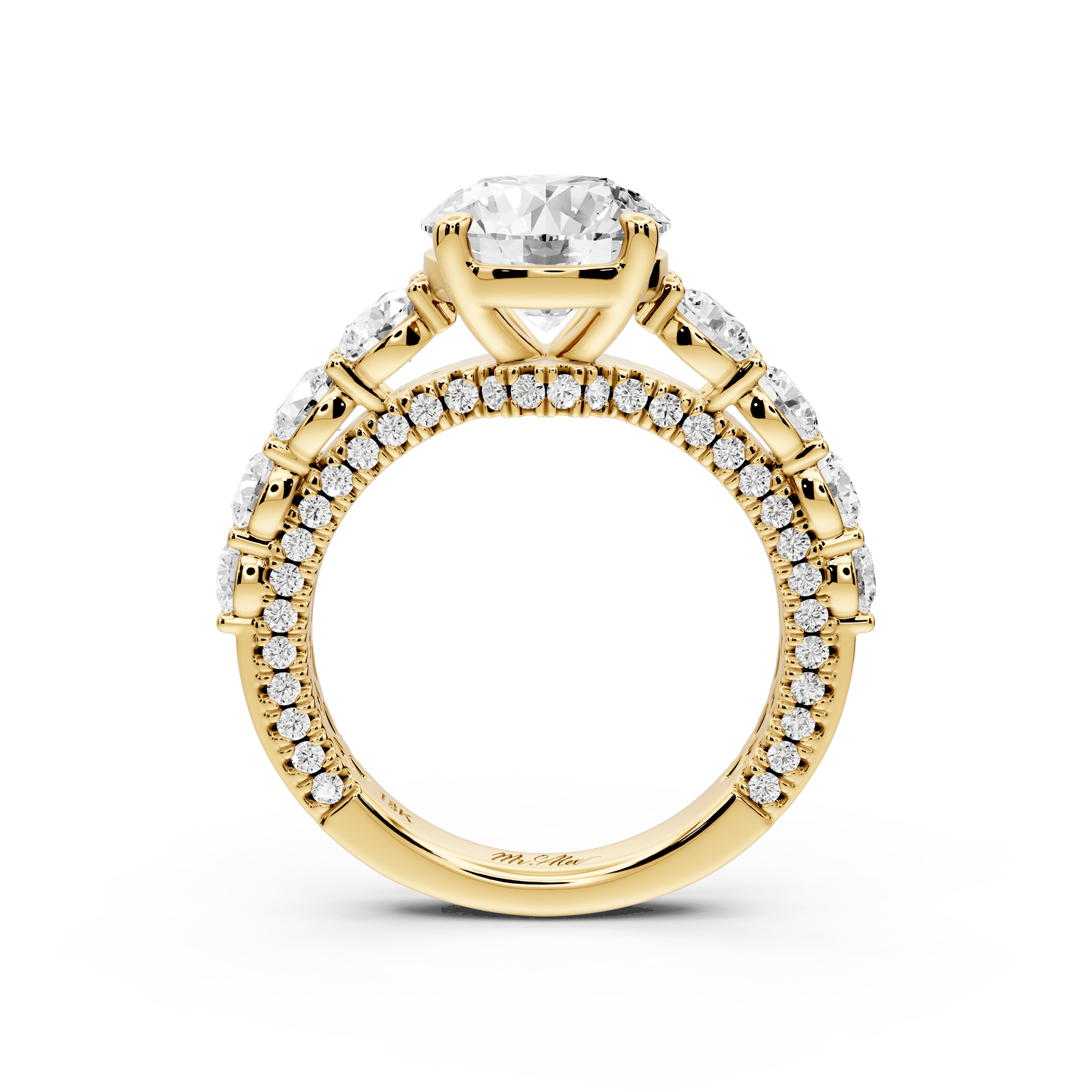 Rocio - 2ct 14k yellow gold Round Hidden Halo Engagement Ring with Graduated Side Stones and Double Pavé Band - Mr. Alex Jewelry