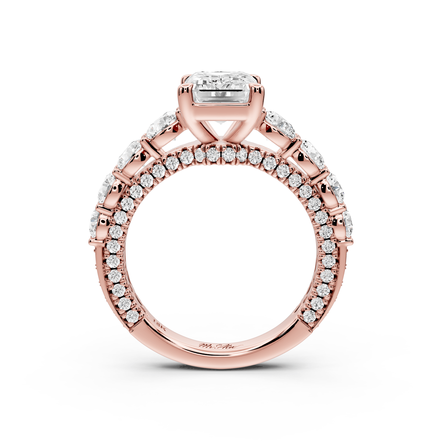 Rocio - 2ct 18k rose gold Emerald Hidden Halo Engagement Ring with Graduated Side Stones and Double Pavé Band - Mr. Alex Jewelry