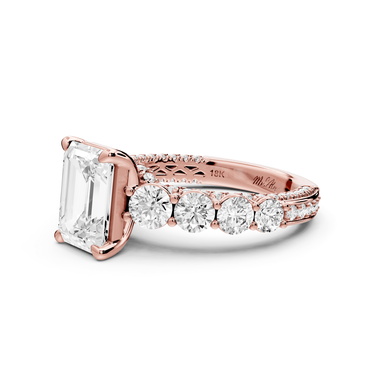 Rocio - 2ct 18k rose gold Emerald Hidden Halo Engagement Ring with Graduated Side Stones and Double Pavé Band - Mr. Alex Jewelry