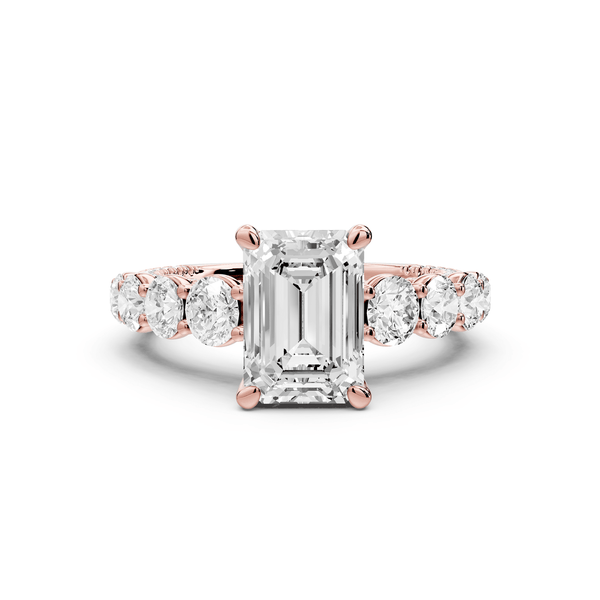 Rocio - 2ct 18k rose gold Emerald Hidden Halo Engagement Ring with Graduated Side Stones and Double Pavé Band - Mr. Alex Jewelry