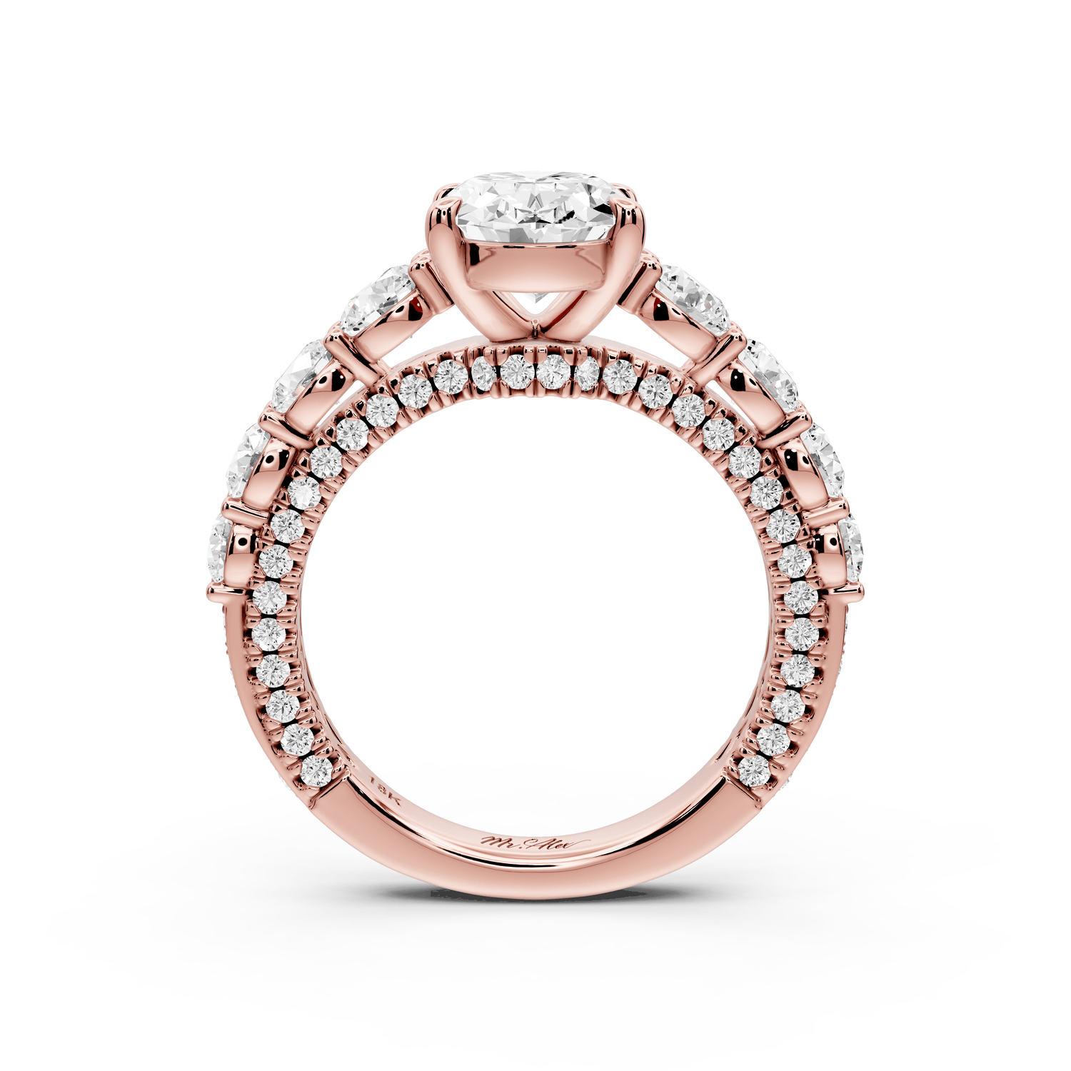 Rocio - 2ct 18k rose gold Oval Hidden Halo Engagement Ring with Graduated Side Stones and Double Pavé Band - Mr. Alex Jewelry