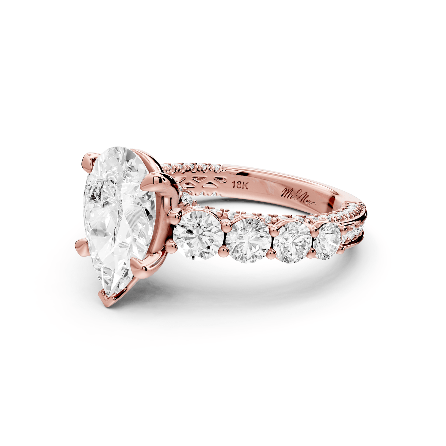 Rocio - 2ct 18k rose gold Pear Hidden Halo Engagement Ring with Graduated Side Stones and Double Pavé Band - Mr. Alex Jewelry