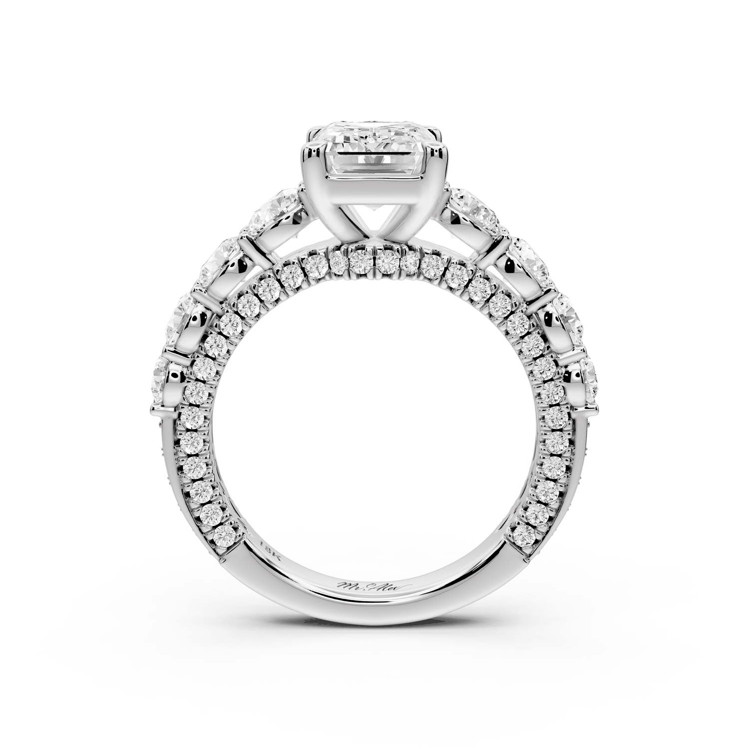 Rocio - 2ct 18k white gold Emerald Hidden Halo Engagement Ring with Graduated Side Stones and Double Pavé Band - Mr. Alex Jewelry
