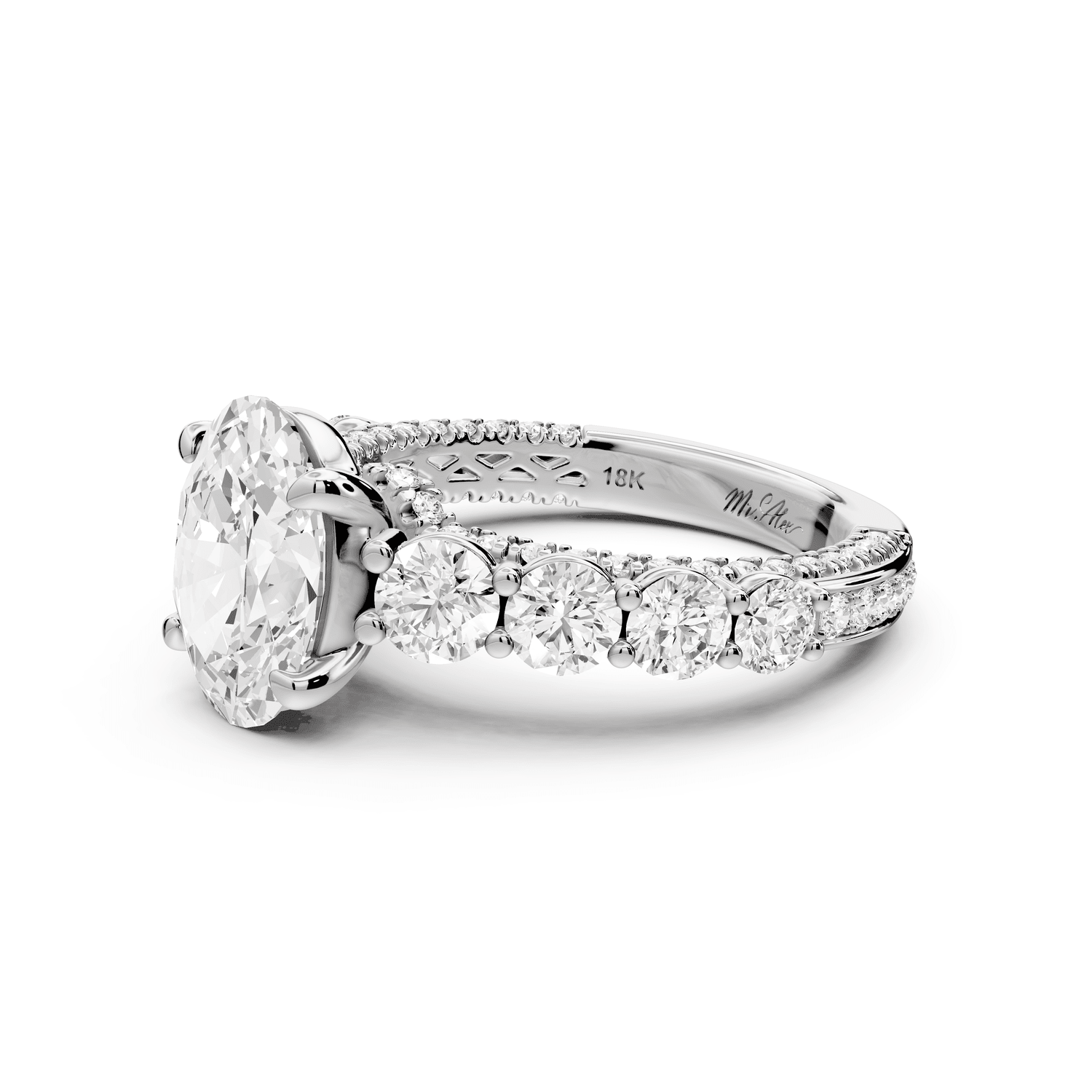 Rocio - 2ct 18k white gold Oval Hidden Halo Engagement Ring with Graduated Side Stones and Double Pavé Band - Mr. Alex Jewelry