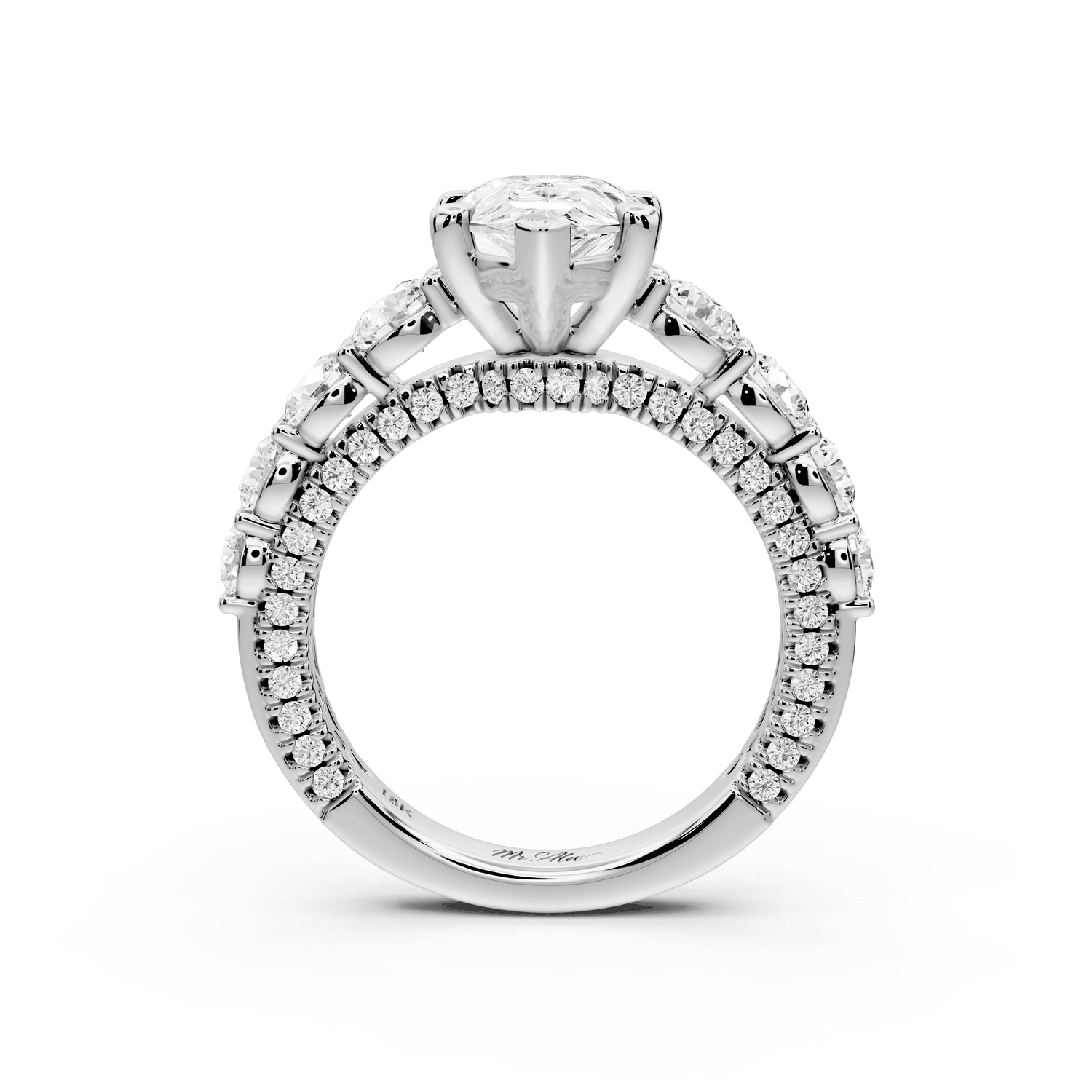 Rocio - 2ct 18k white gold Pear Hidden Halo Engagement Ring with Graduated Side Stones and Double Pavé Band - Mr. Alex Jewelry
