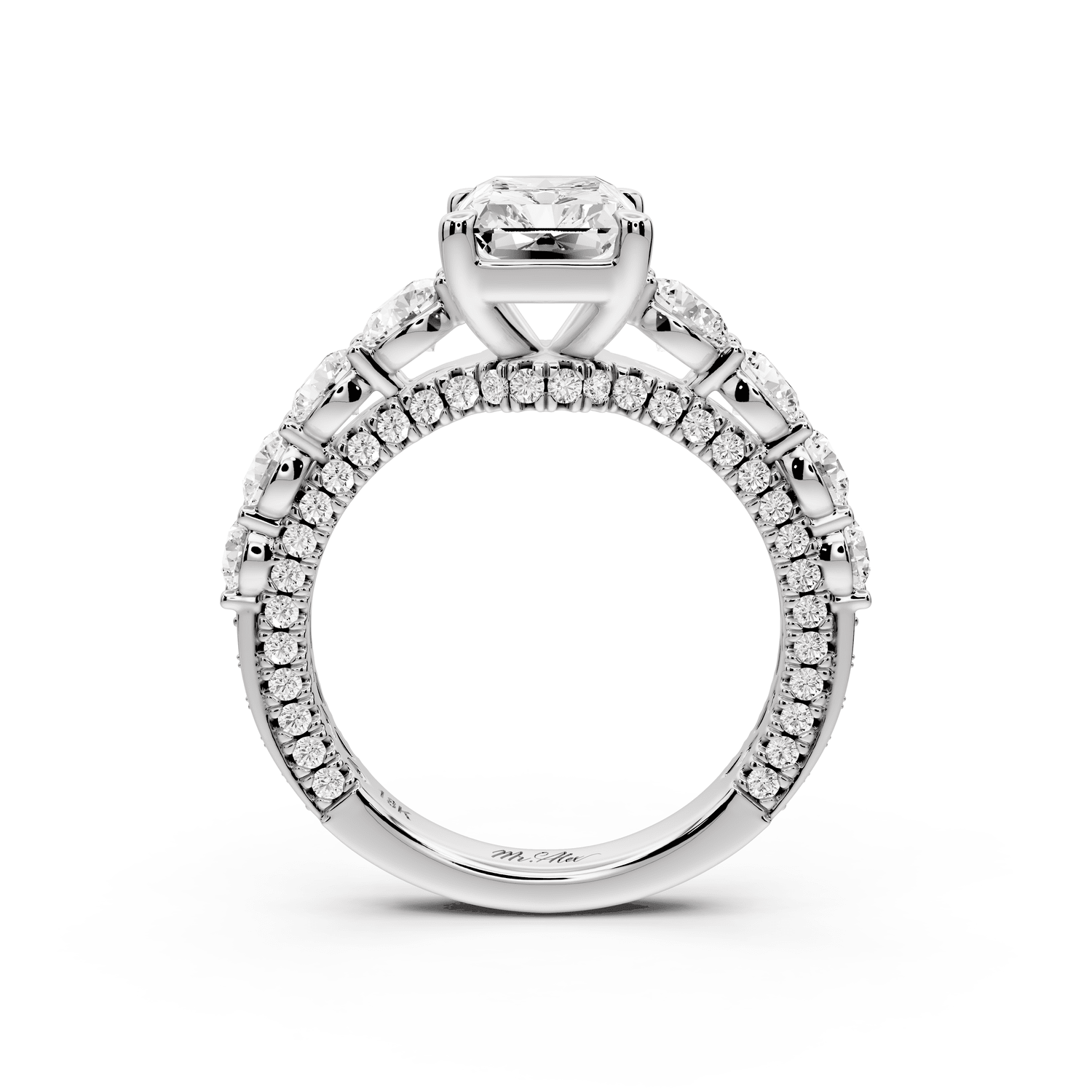 Rocio - 2ct 18k white gold Radiant Hidden Halo Engagement Ring with Graduated Side Stones and Double Pavé Band - Mr. Alex Jewelry