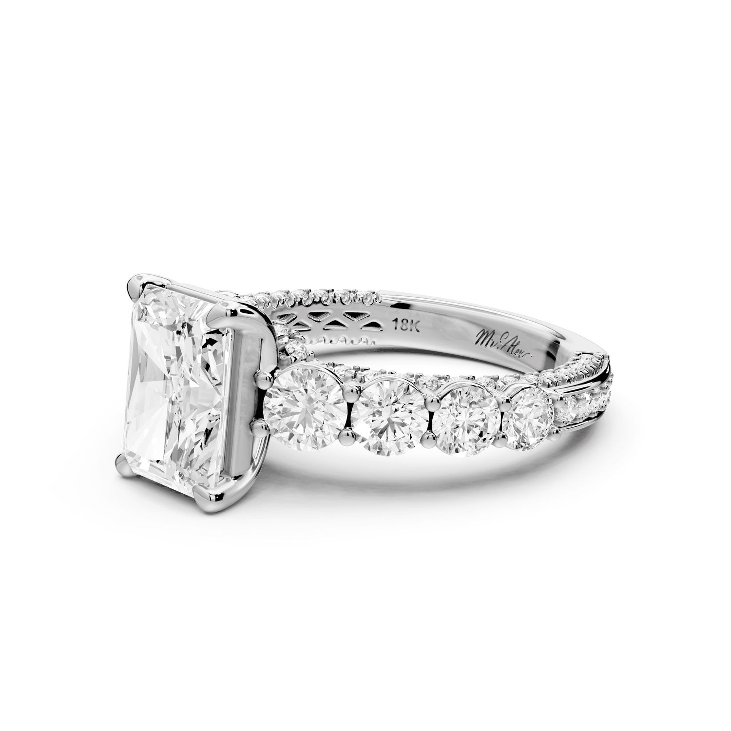Rocio - 2ct 18k white gold Radiant Hidden Halo Engagement Ring with Graduated Side Stones and Double Pavé Band - Mr. Alex Jewelry