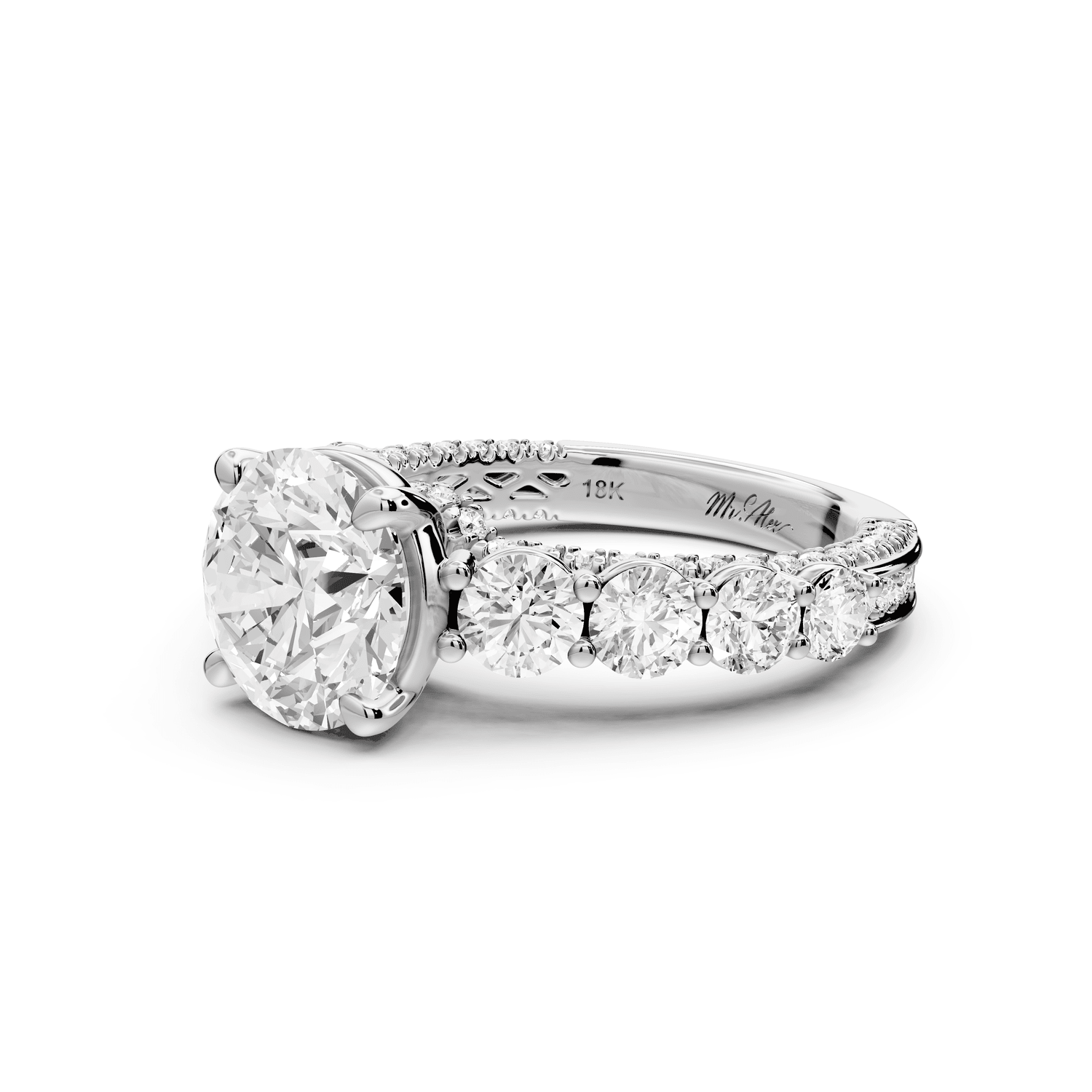 Rocio - 2ct 18k white gold Round Hidden Halo Engagement Ring with Graduated Side Stones and Double Pavé Band - Mr. Alex Jewelry