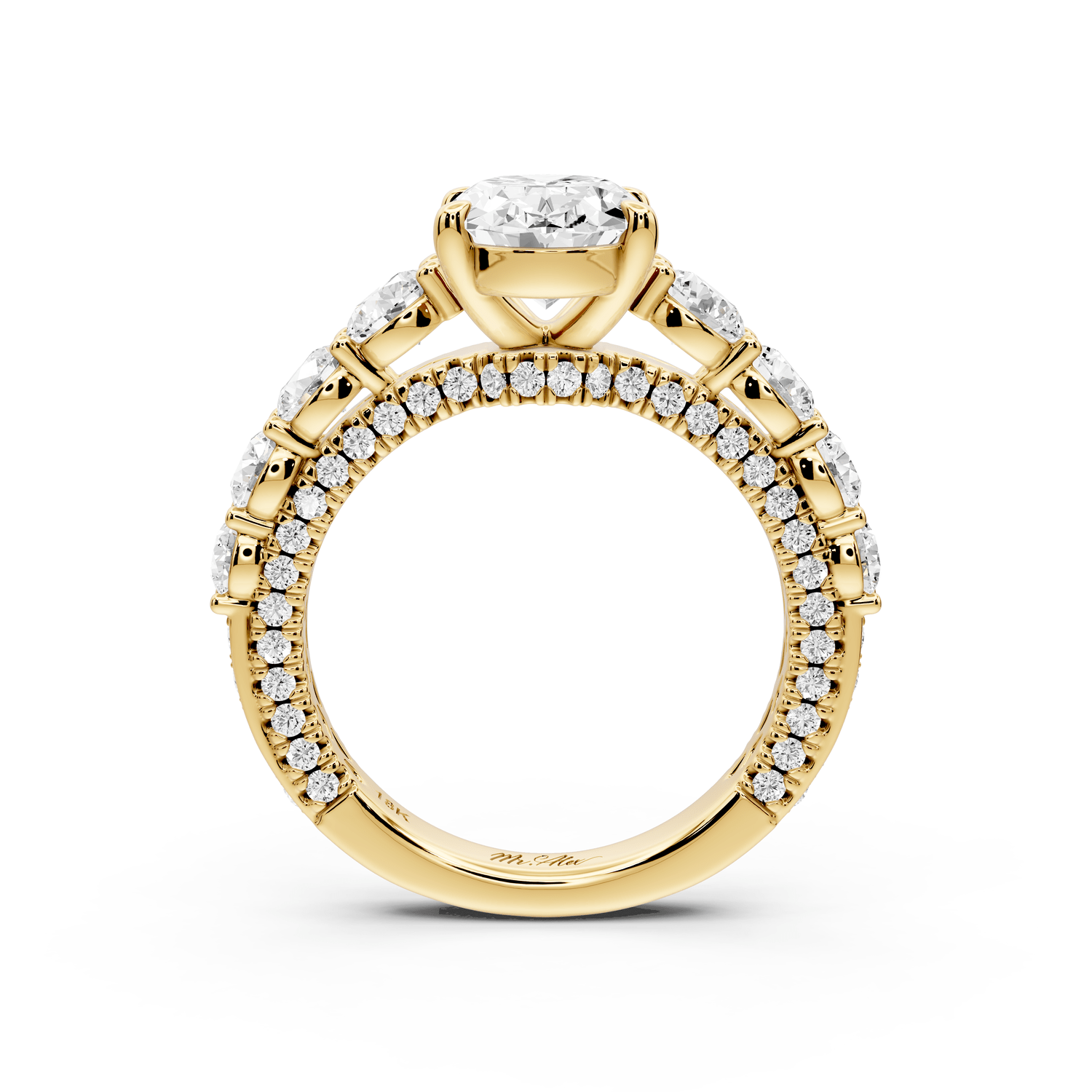 Rocio - 2ct 18k yellow gold Oval Hidden Halo Engagement Ring with Graduated Side Stones and Double Pavé Band - Mr. Alex Jewelry