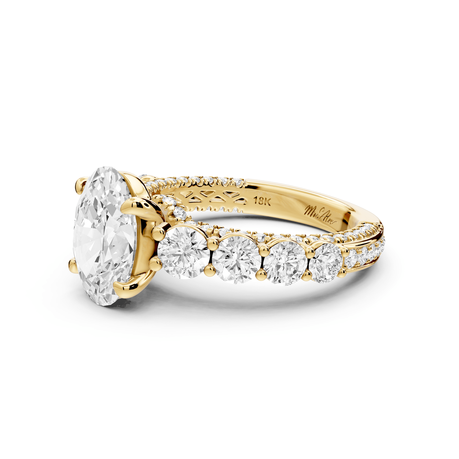 Rocio - 2ct 18k yellow gold Oval Hidden Halo Engagement Ring with Graduated Side Stones and Double Pavé Band - Mr. Alex Jewelry