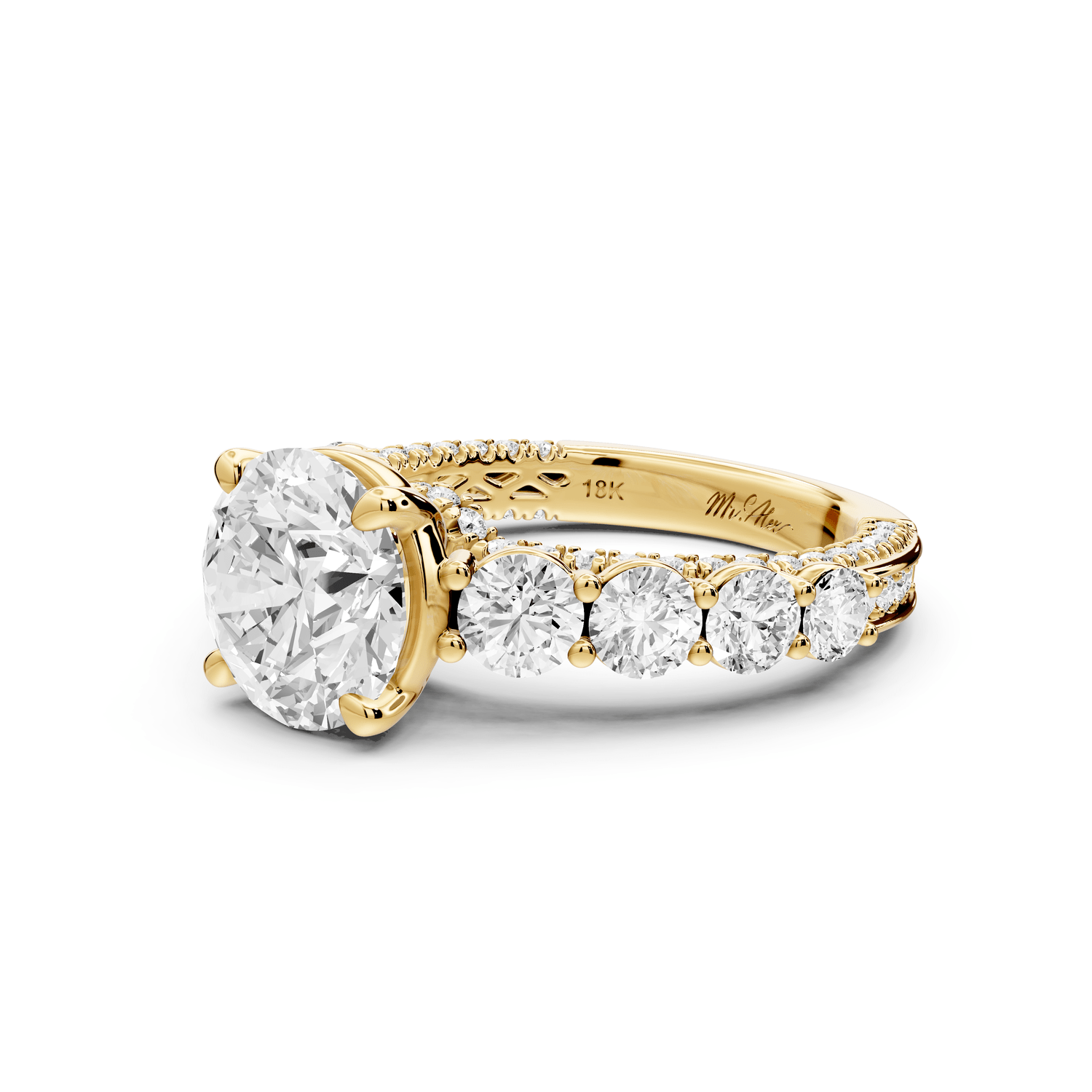 Rocio - 2ct 18k yellow gold Round Hidden Halo Engagement Ring with Graduated Side Stones and Double Pavé Band - Mr. Alex Jewelry